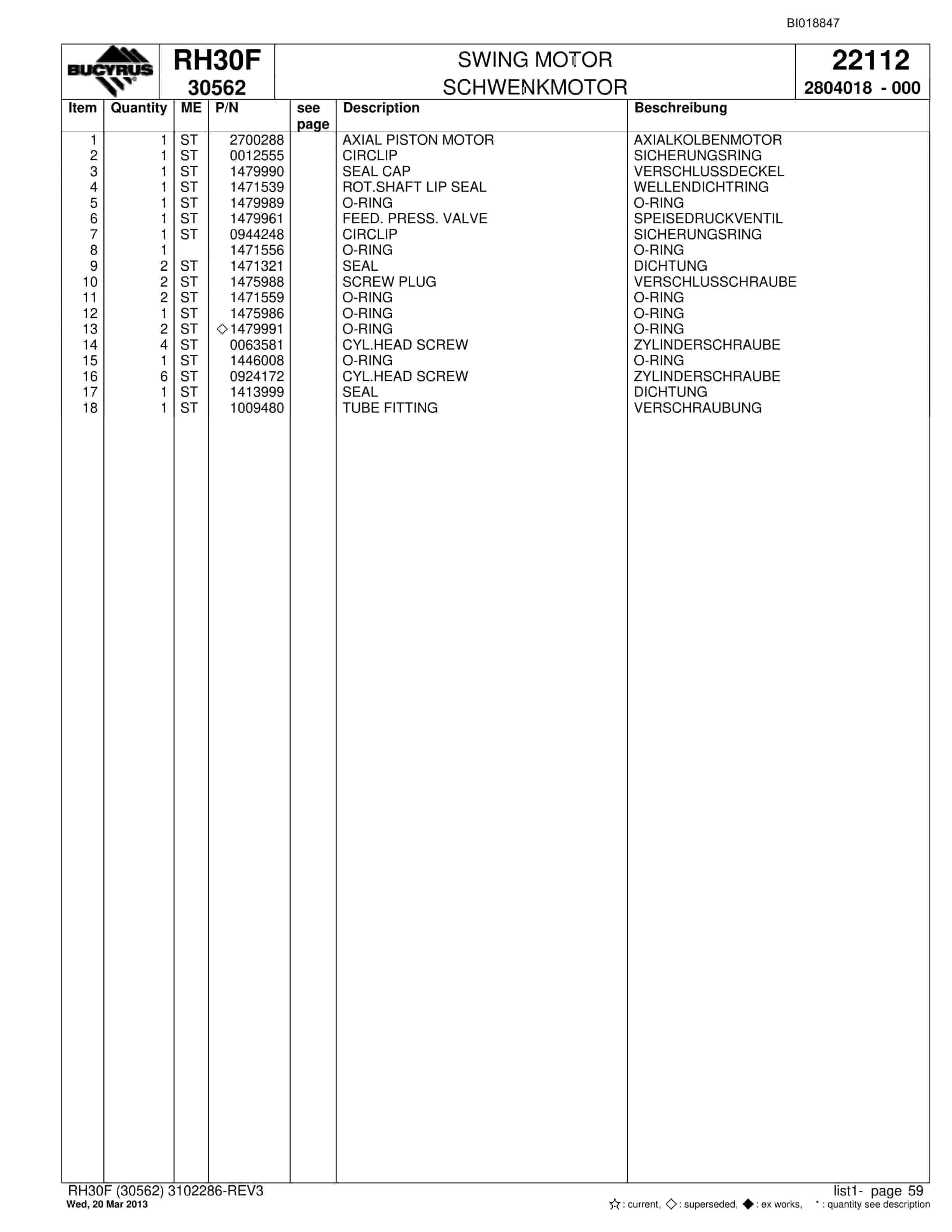 Bucyrus RH30F Hydraulic Excavator Parts Catalog BI018847-2