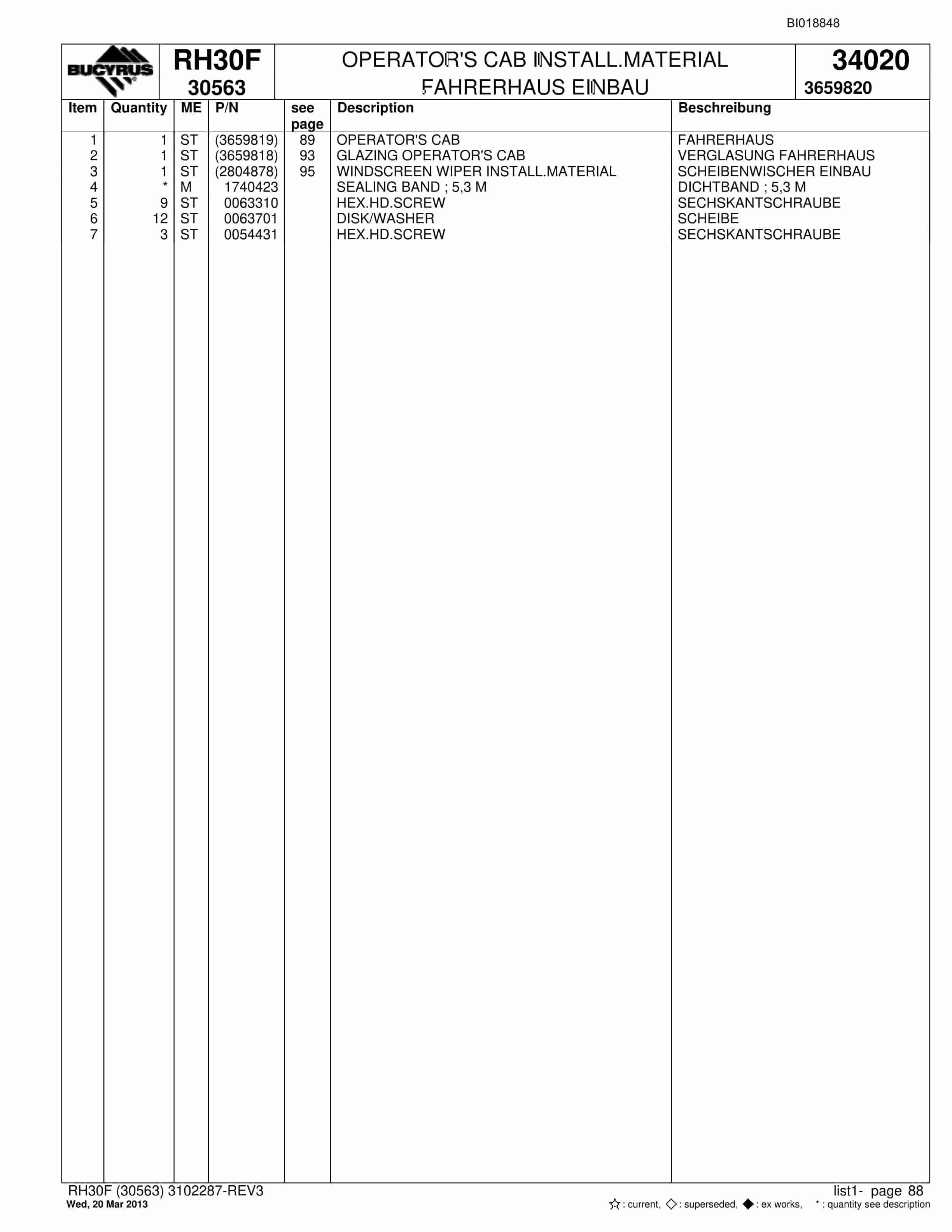 Bucyrus RH30F Hydraulic Excavator Parts Catalog BI018848-4