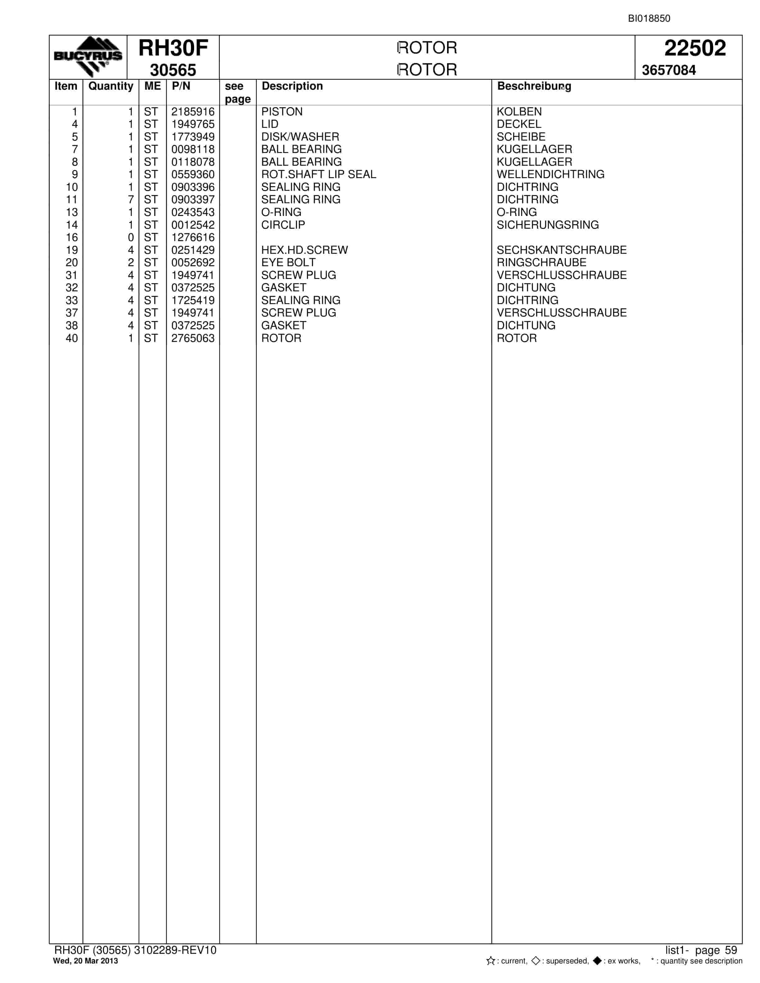 Bucyrus RH30F Hydraulic Excavator Parts Catalog BI018850-2