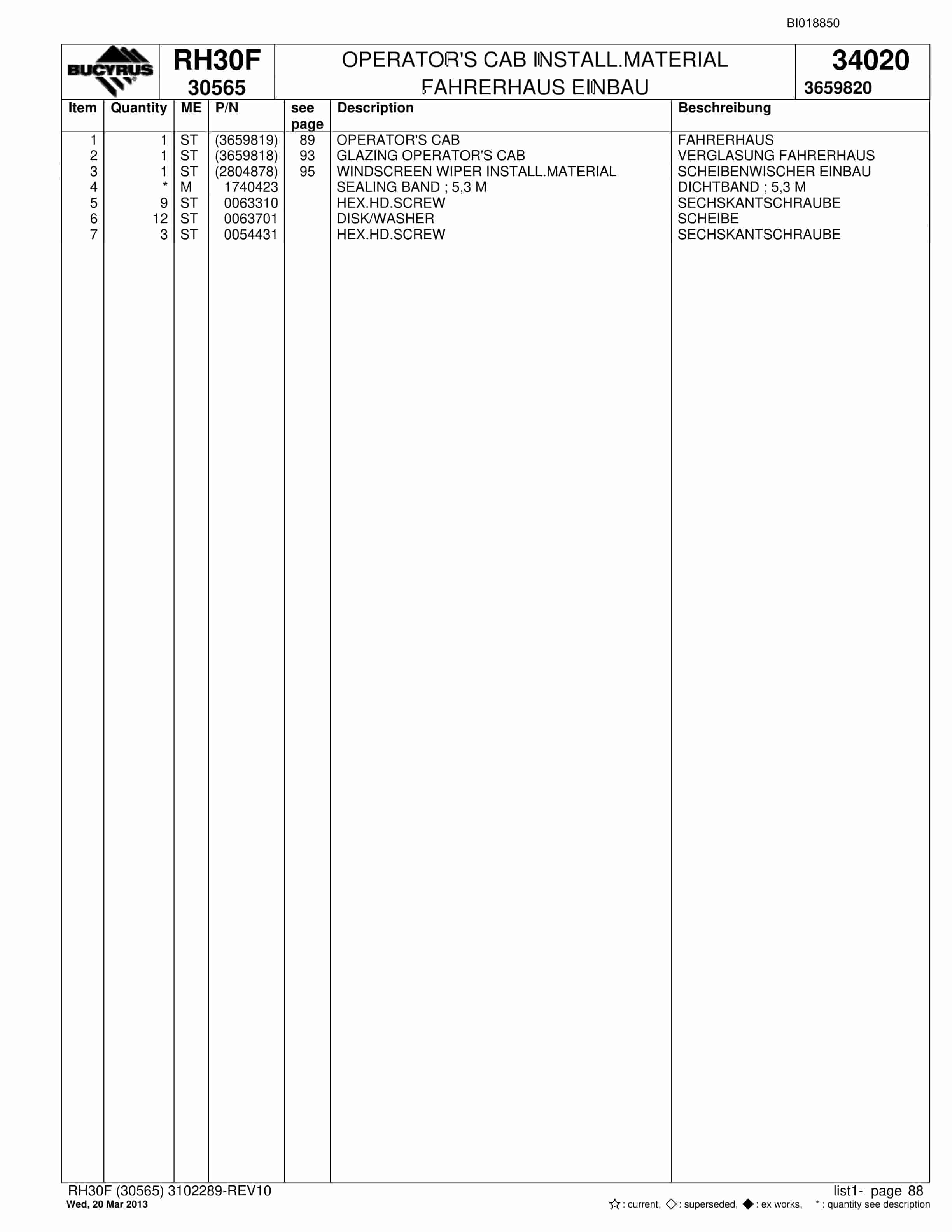 Bucyrus RH30F Hydraulic Excavator Parts Catalog BI018850-4