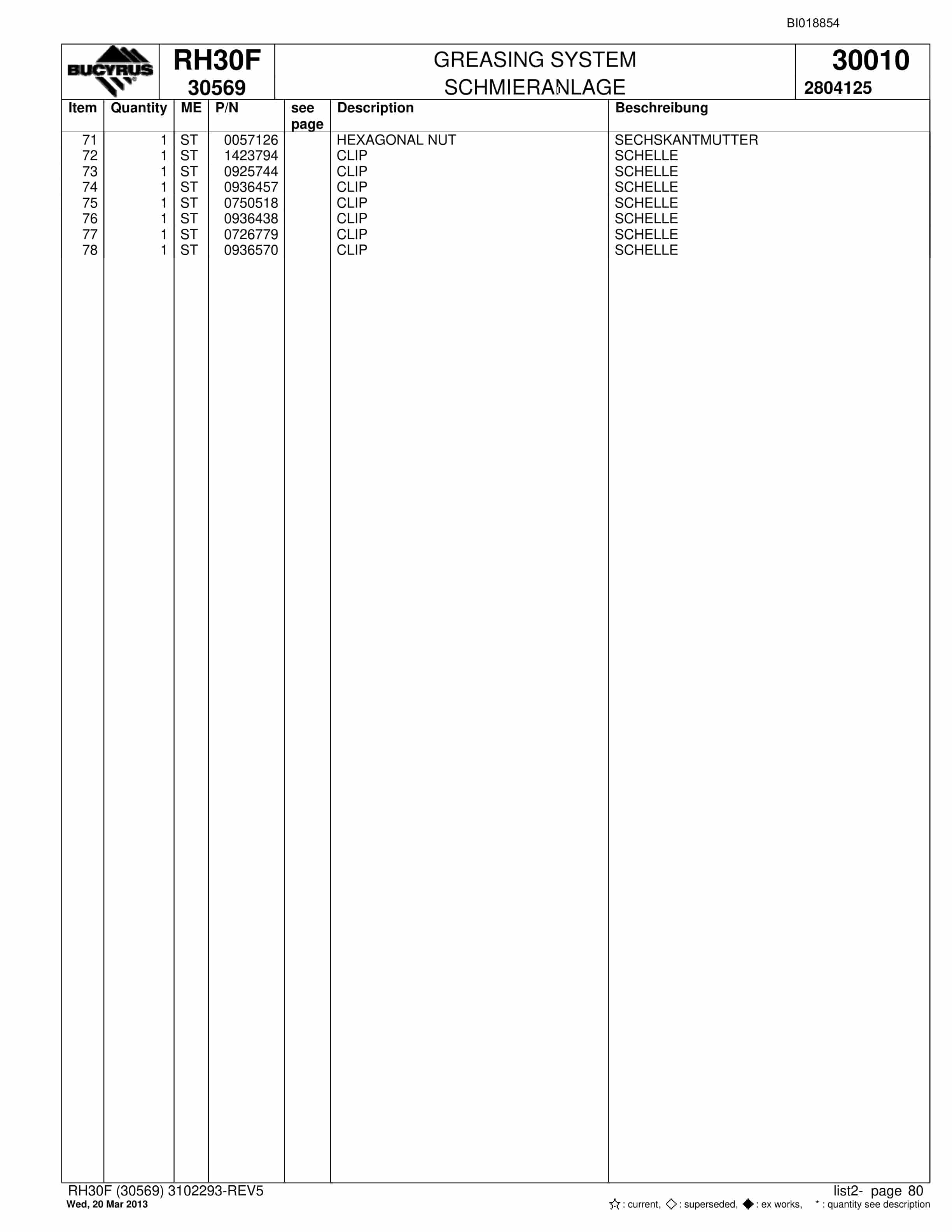 Bucyrus RH30F Hydraulic Excavator Parts Catalog BI018854-3