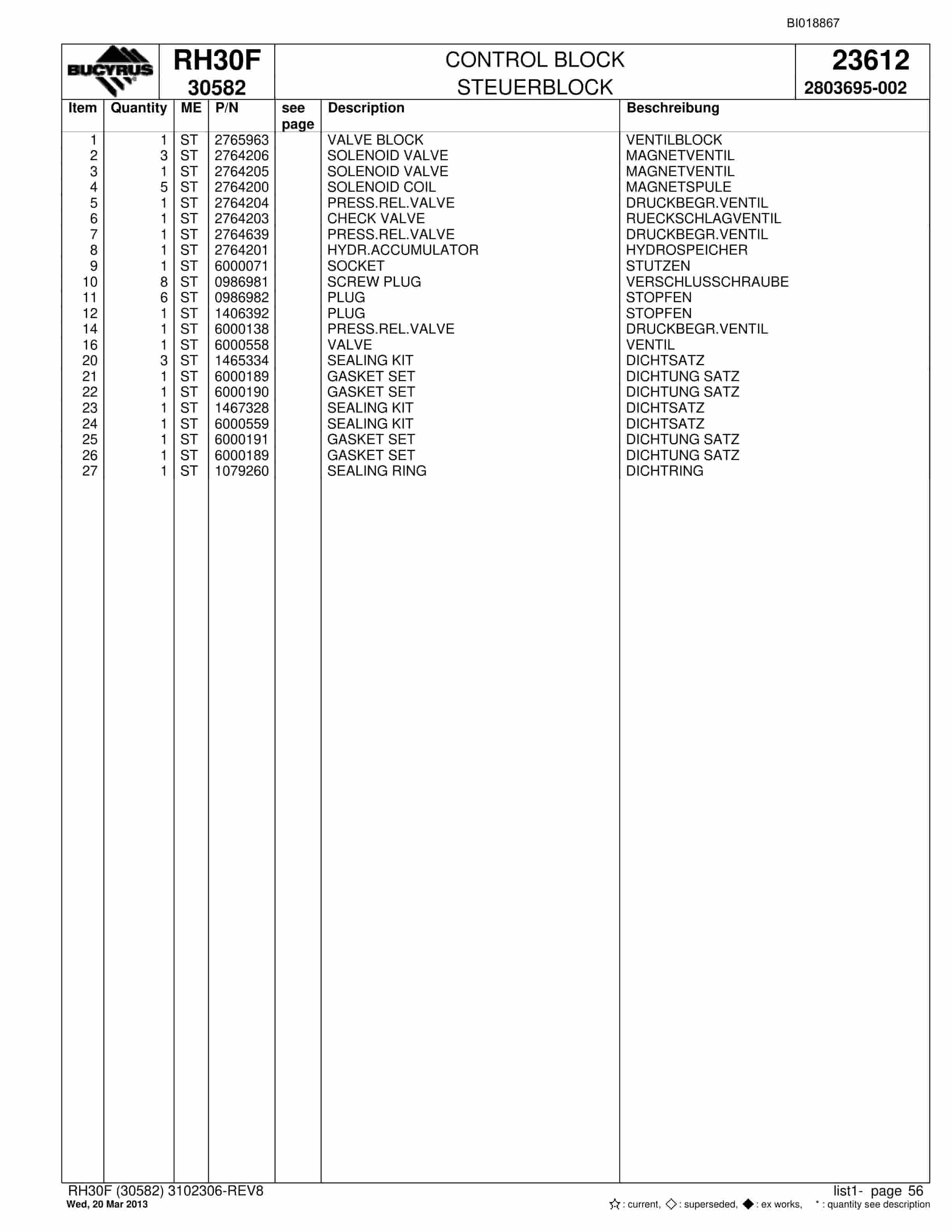 Bucyrus RH30F Hydraulic Excavator Parts Catalog BI018867-2