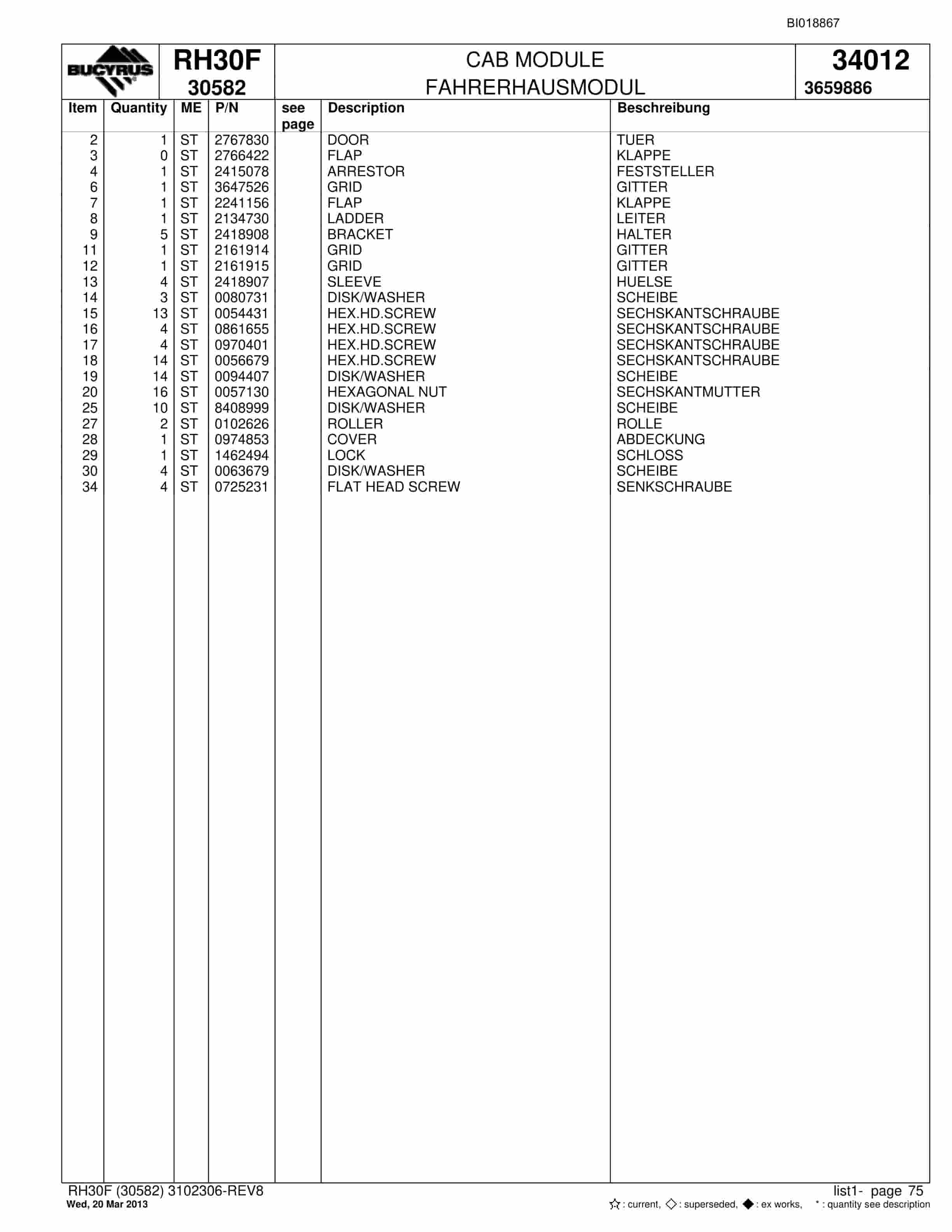 Bucyrus RH30F Hydraulic Excavator Parts Catalog BI018867-3