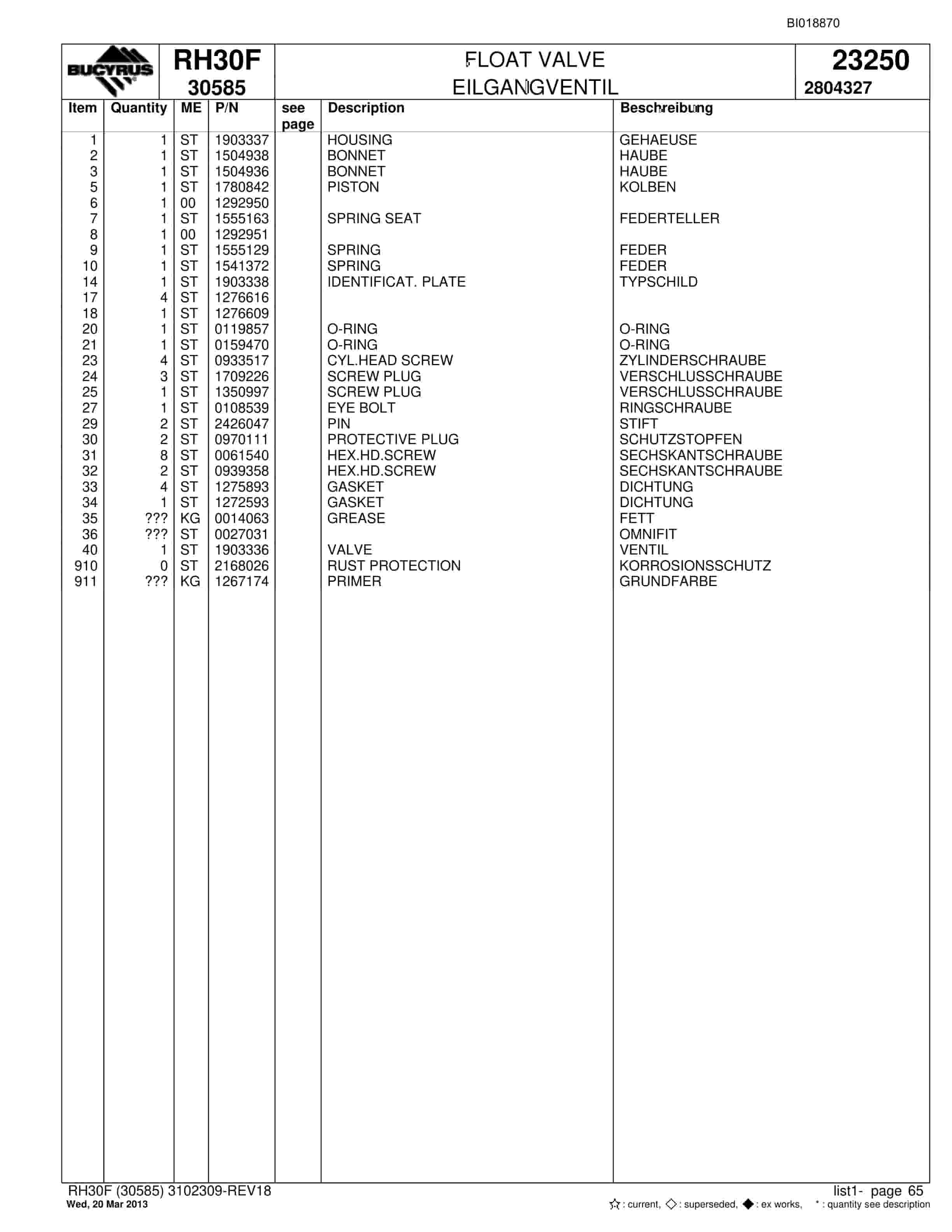 Bucyrus RH30F Hydraulic Excavator Parts Catalog BI018870-2