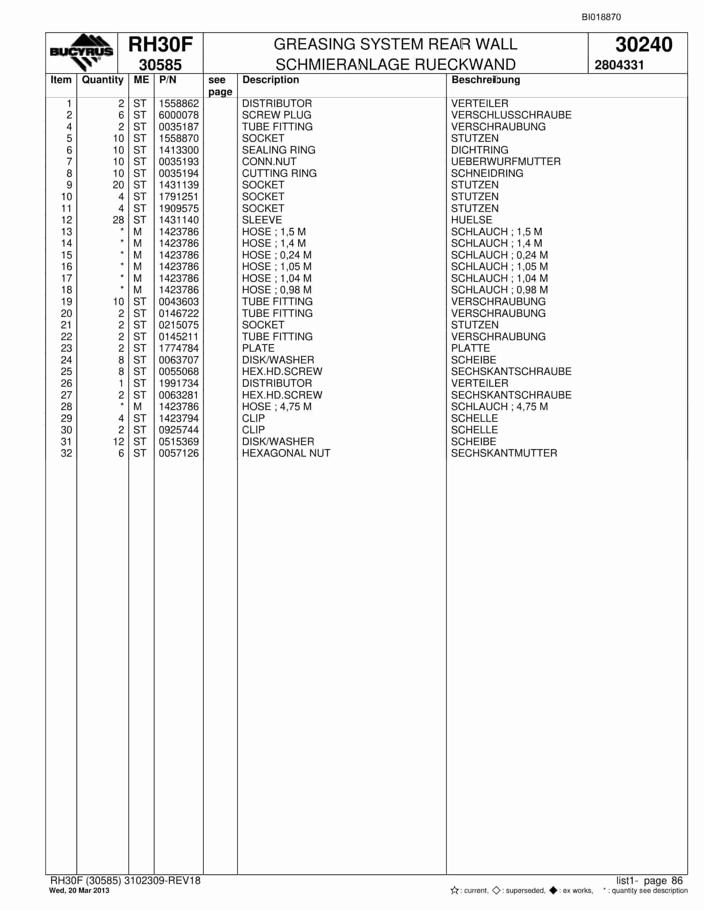 Bucyrus RH30F Hydraulic Excavator Parts Catalog BI018870-3