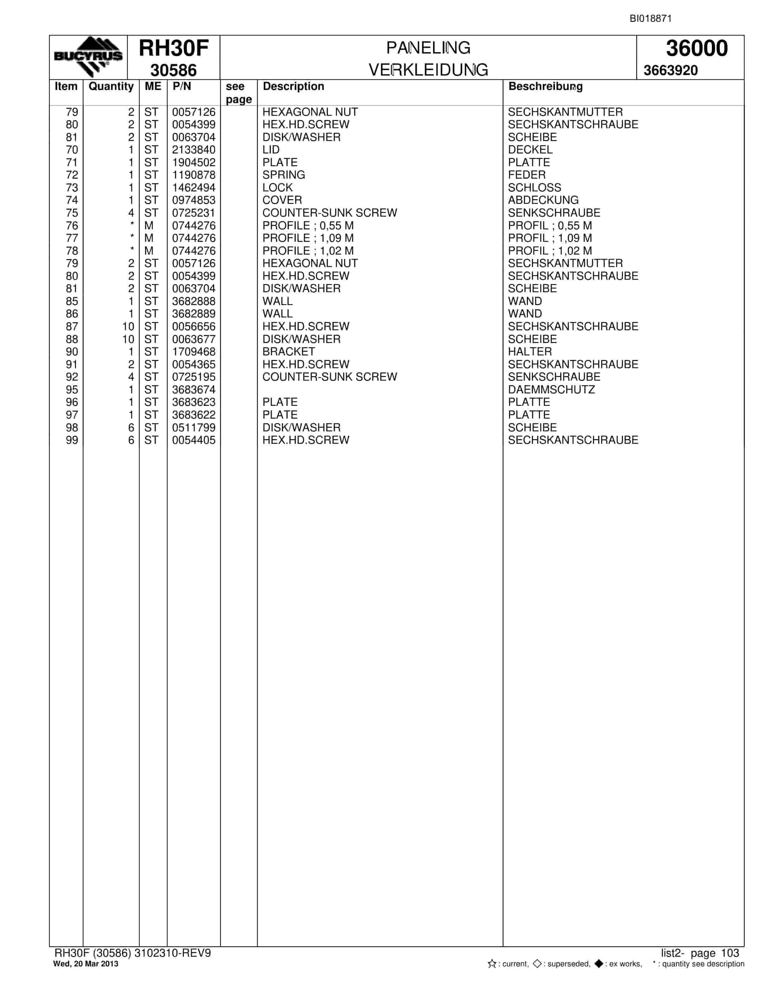 Bucyrus RH30F Hydraulic Excavator Parts Catalog BI018871-5