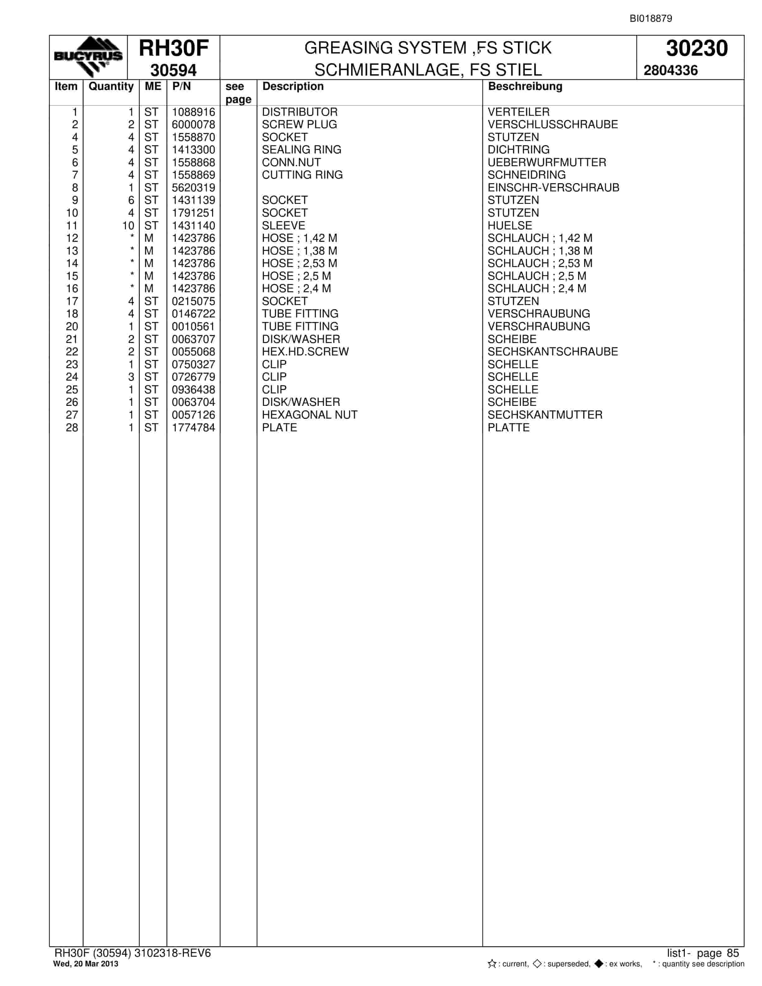 Bucyrus RH30F Hydraulic Excavator Parts Catalog BI018879-3