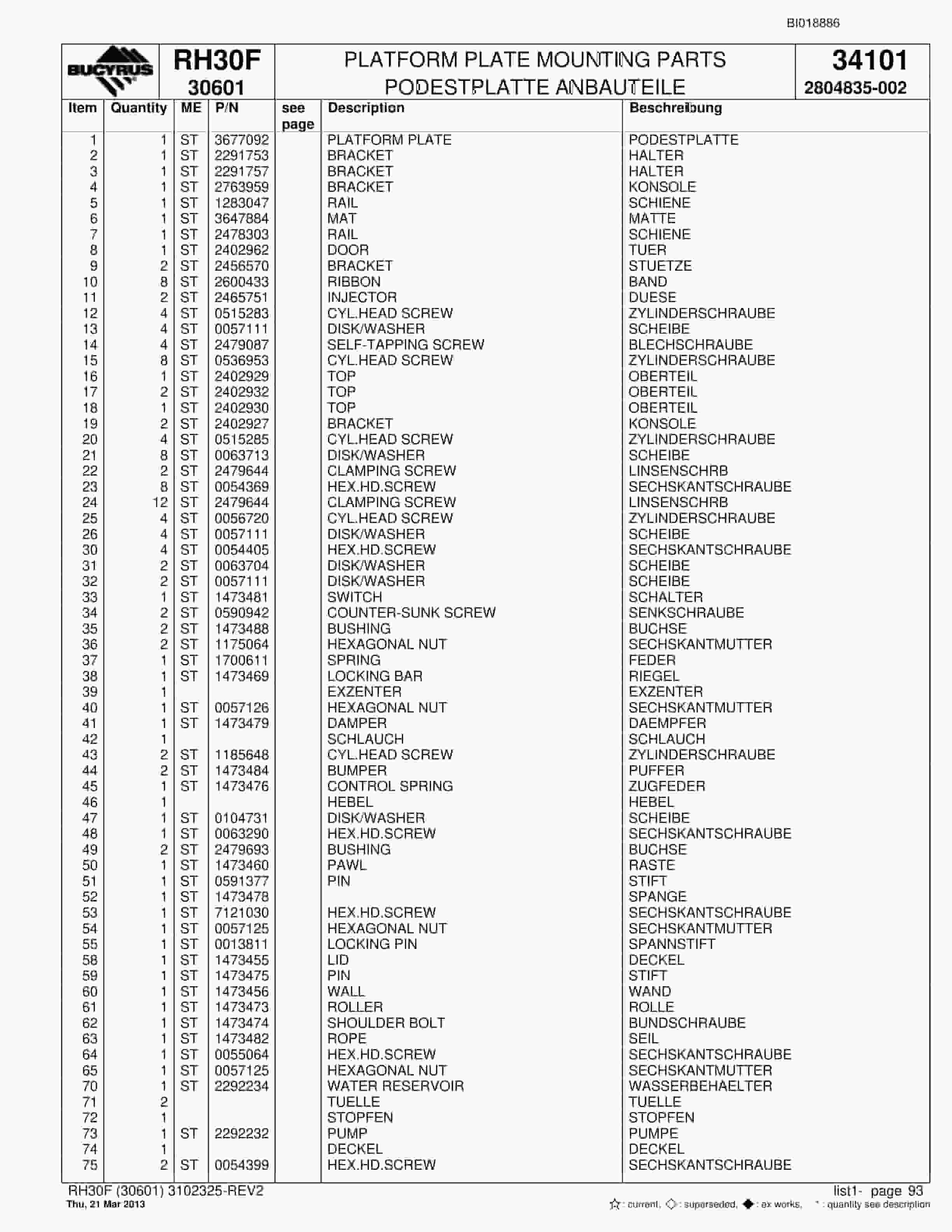 Bucyrus RH30F Hydraulic Excavator Parts Catalog BI018886-4