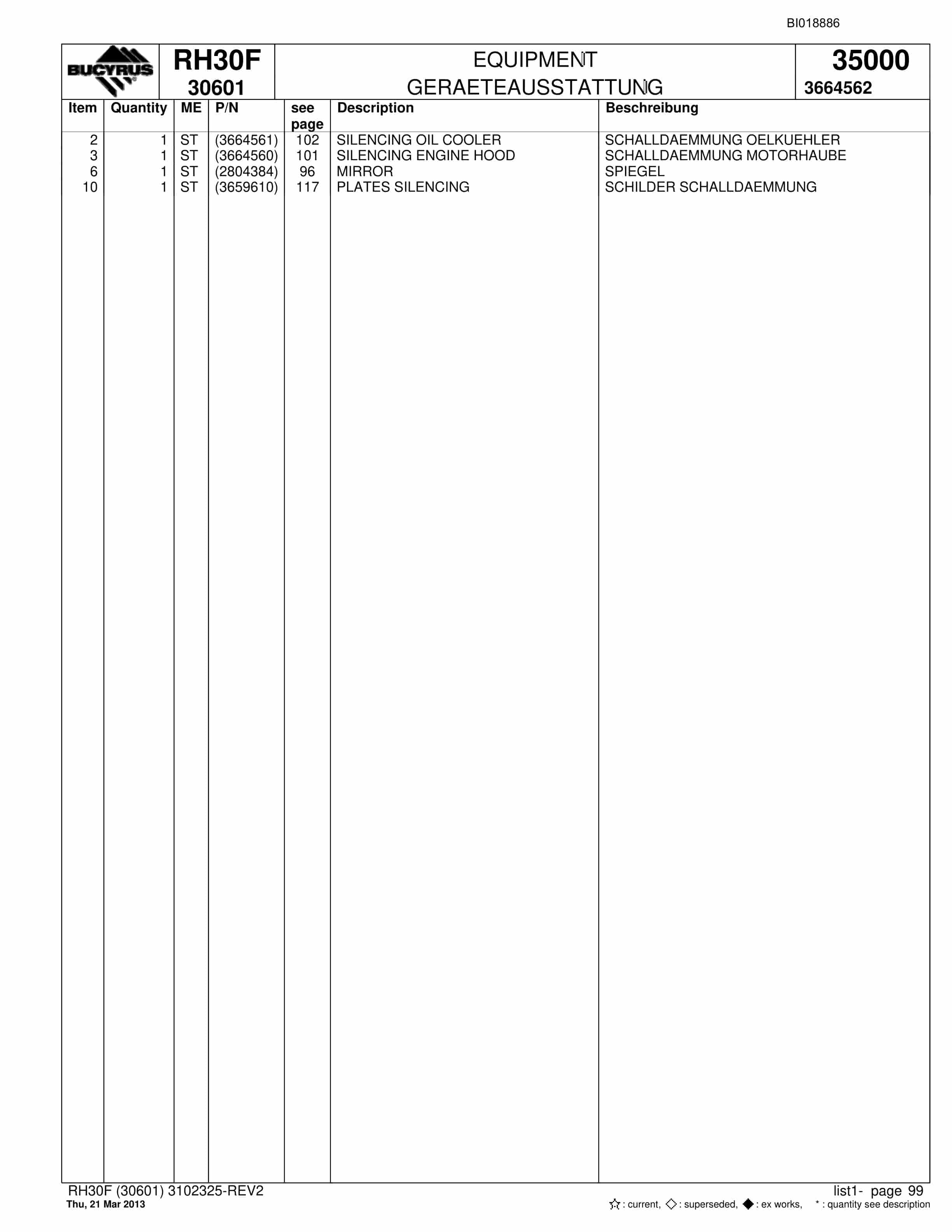 Bucyrus RH30F Hydraulic Excavator Parts Catalog BI018886-5