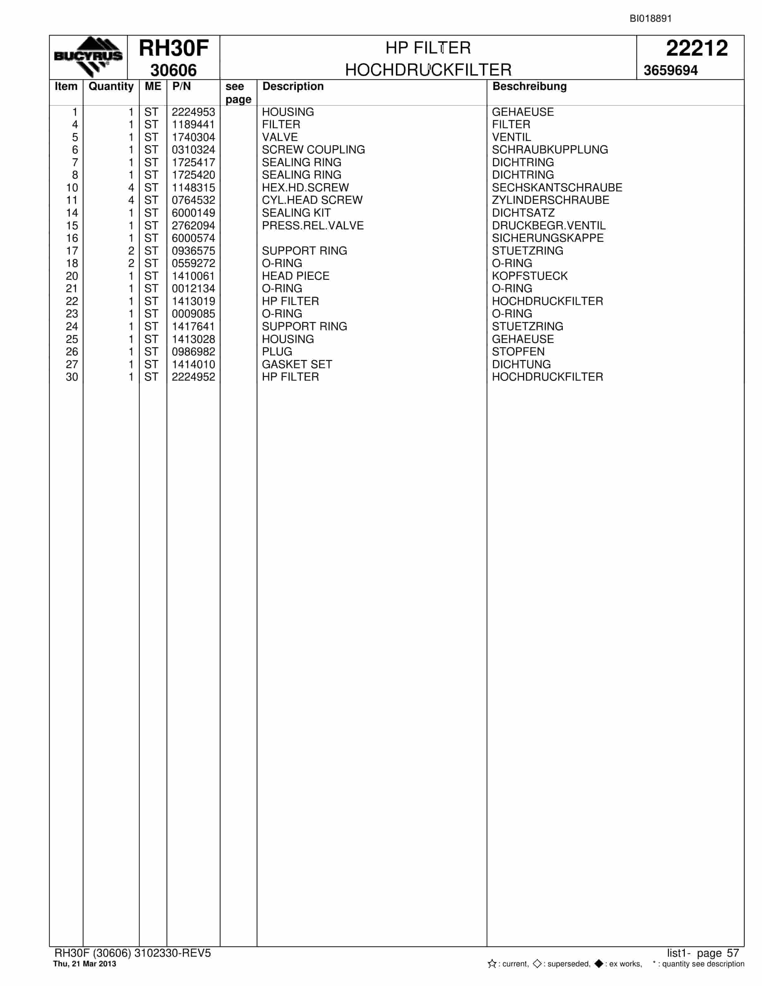 Bucyrus RH30F Hydraulic Excavator Parts Catalog BI018891-2