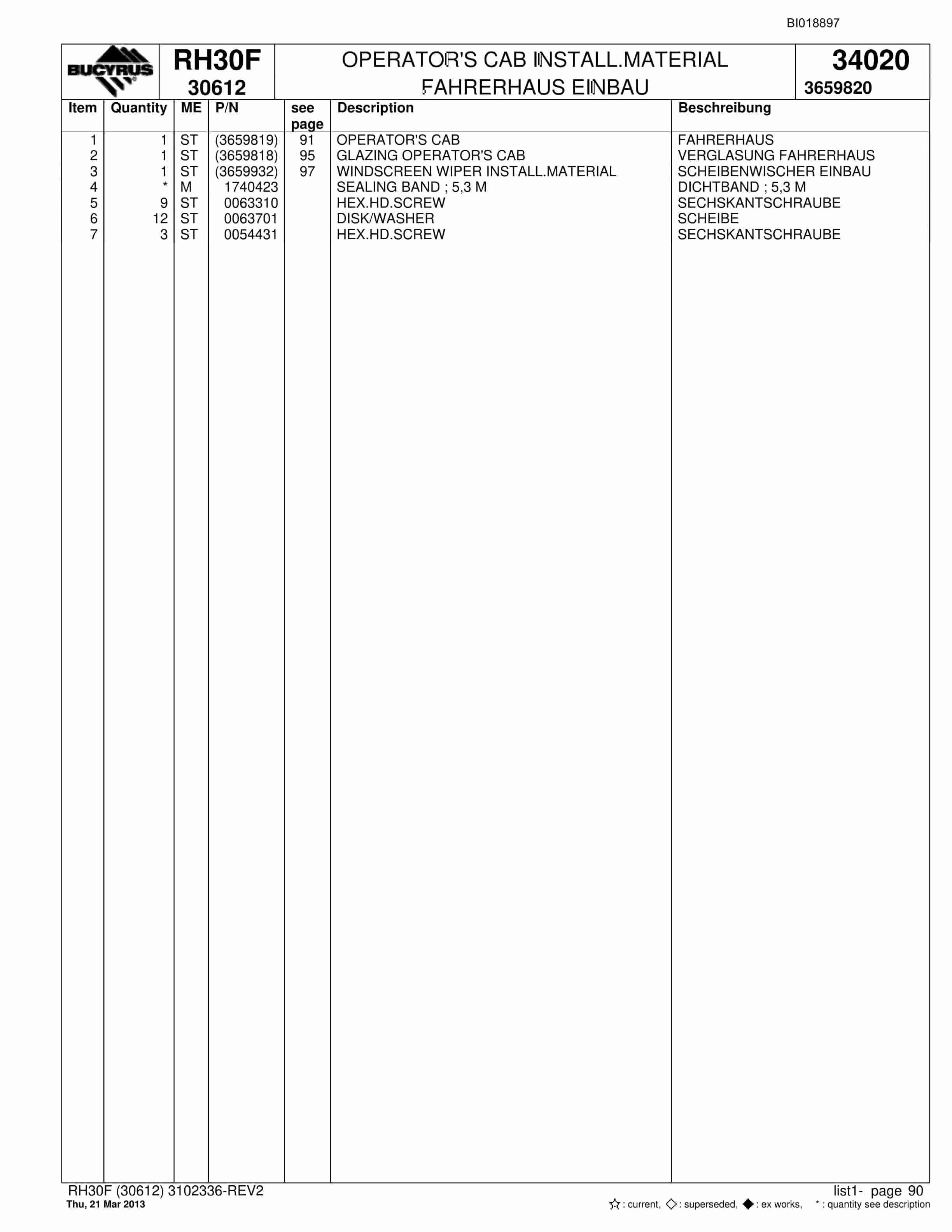 Bucyrus RH30F Hydraulic Excavator Parts Catalog BI018897-4