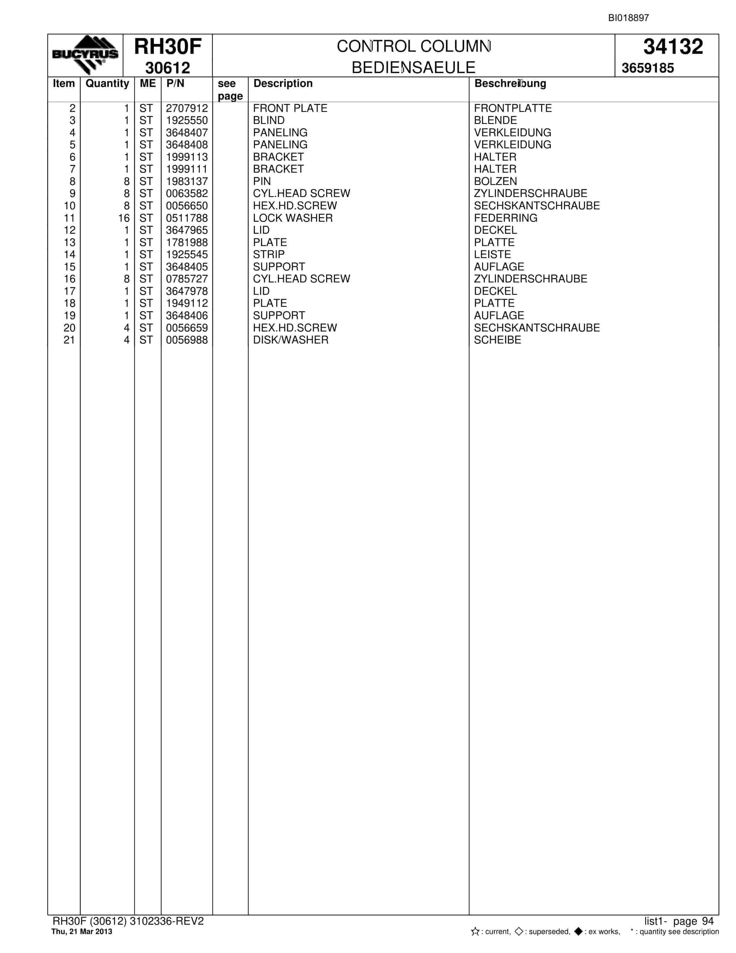 Bucyrus RH30F Hydraulic Excavator Parts Catalog BI018897-5