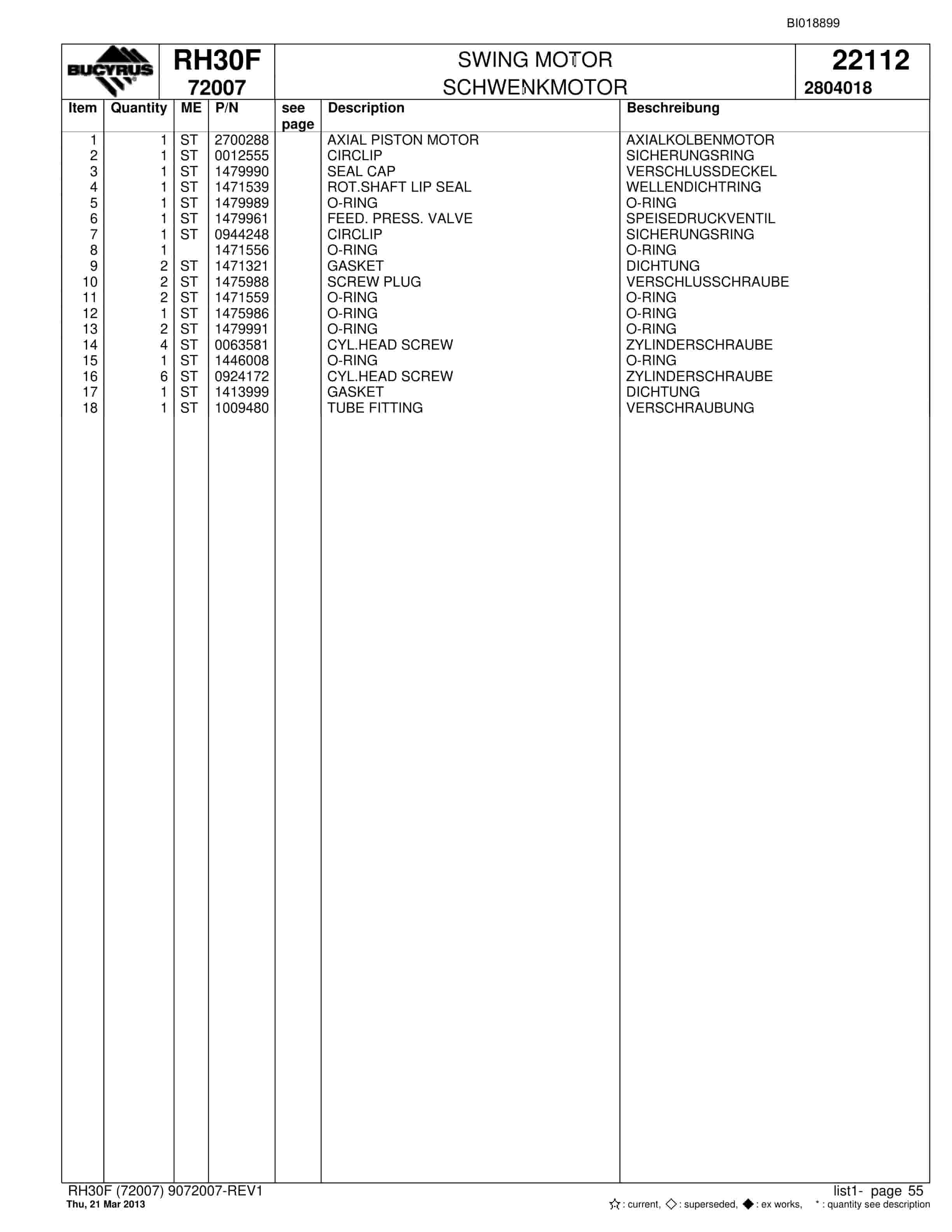 Bucyrus RH30F Hydraulic Excavator Parts Catalog BI018899-2