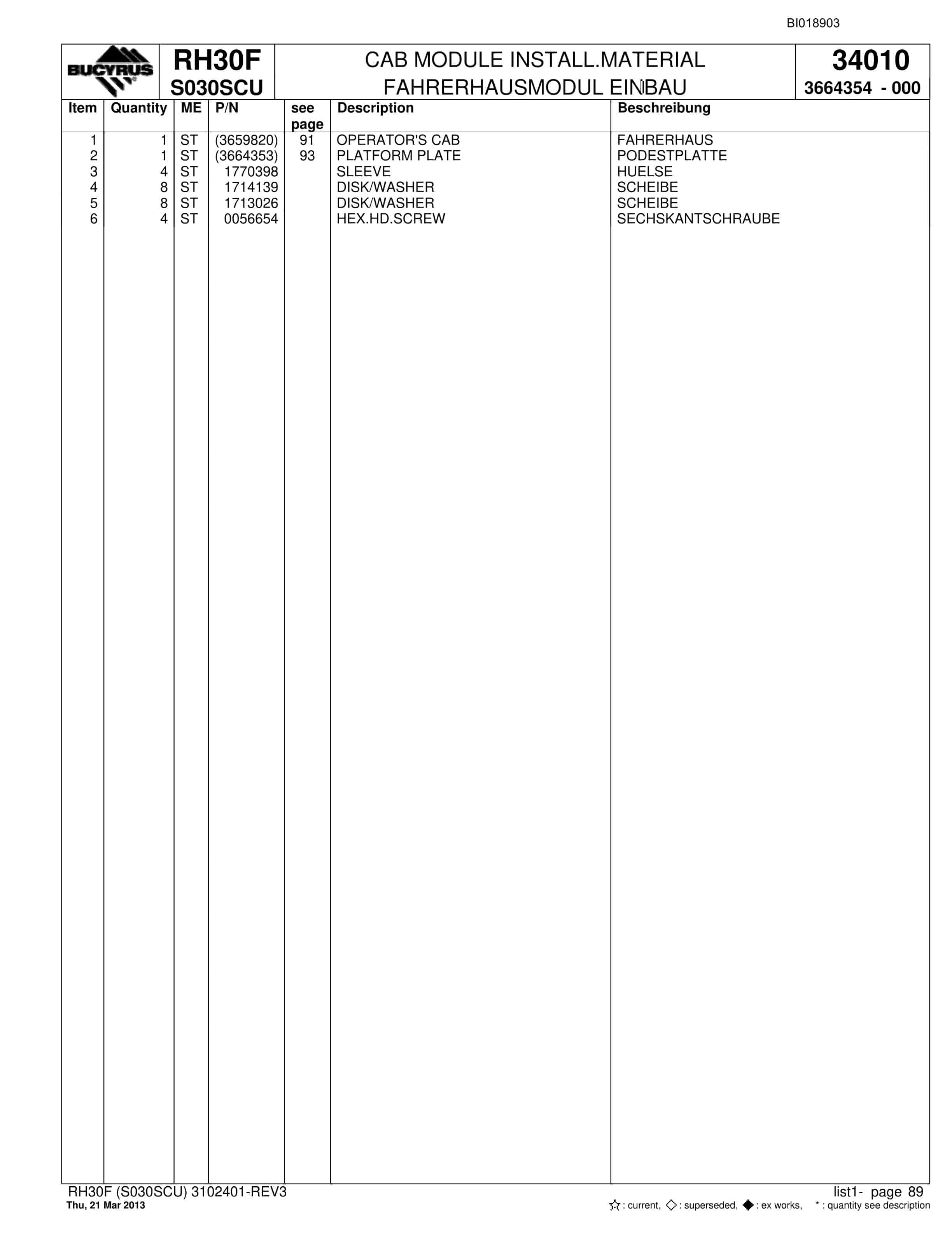 Bucyrus RH30F Hydraulic Excavator Parts Catalog BI018903-4