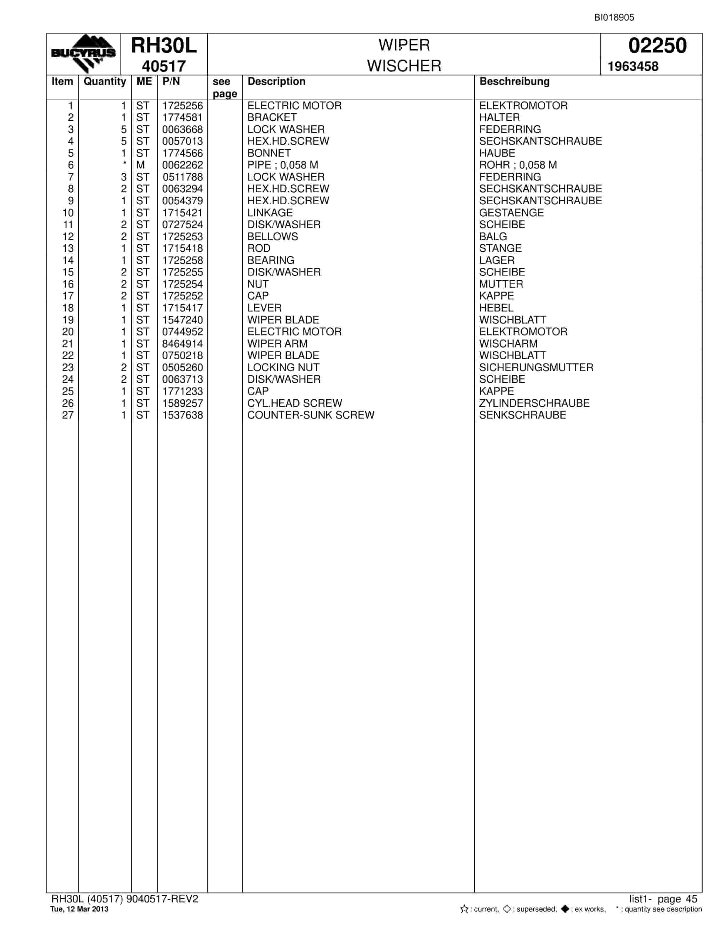 Bucyrus RH30L Hydraulic Excavator Parts Catalog BI018905-2