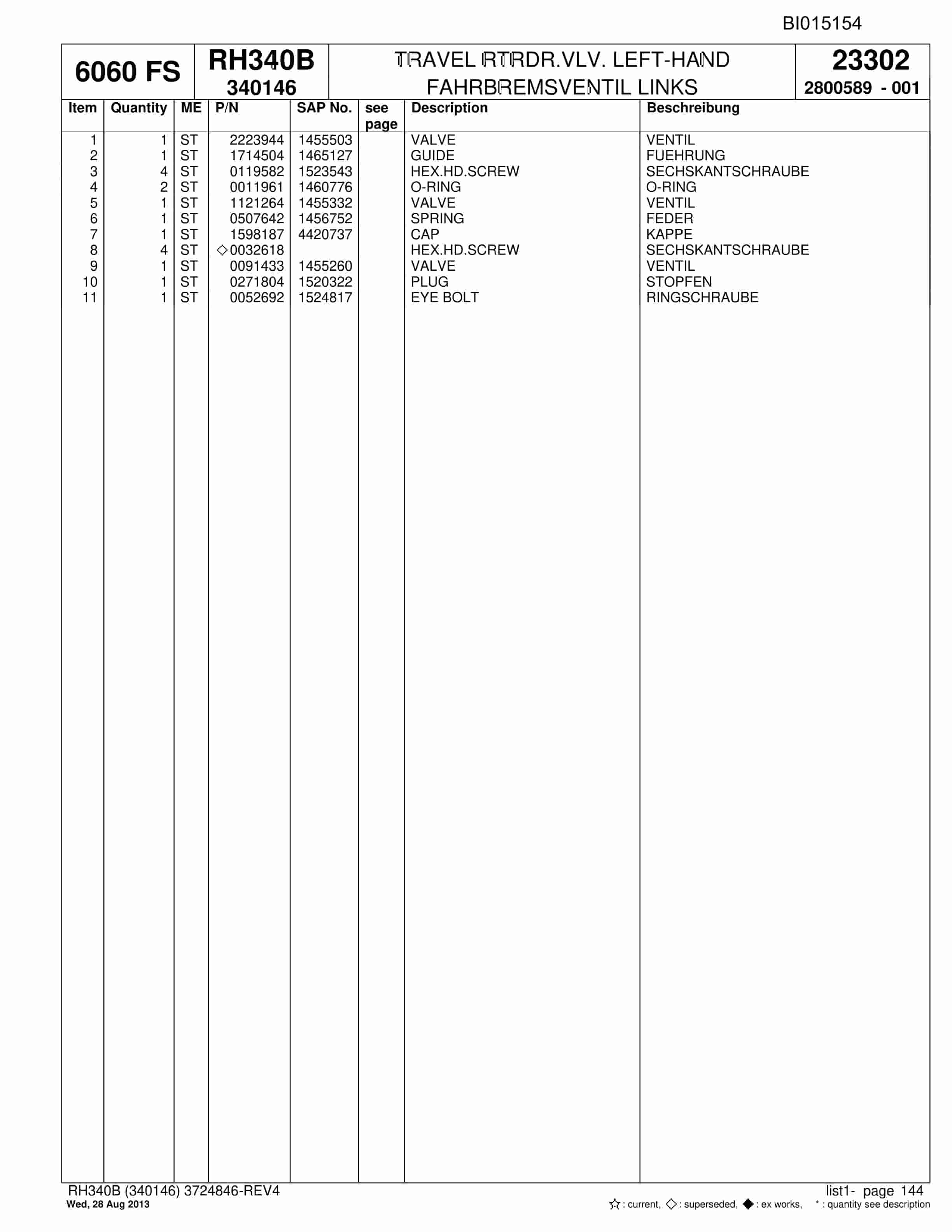 Bucyrus RH340B Hydraulic Excavator Parts Catalog BI015154-3