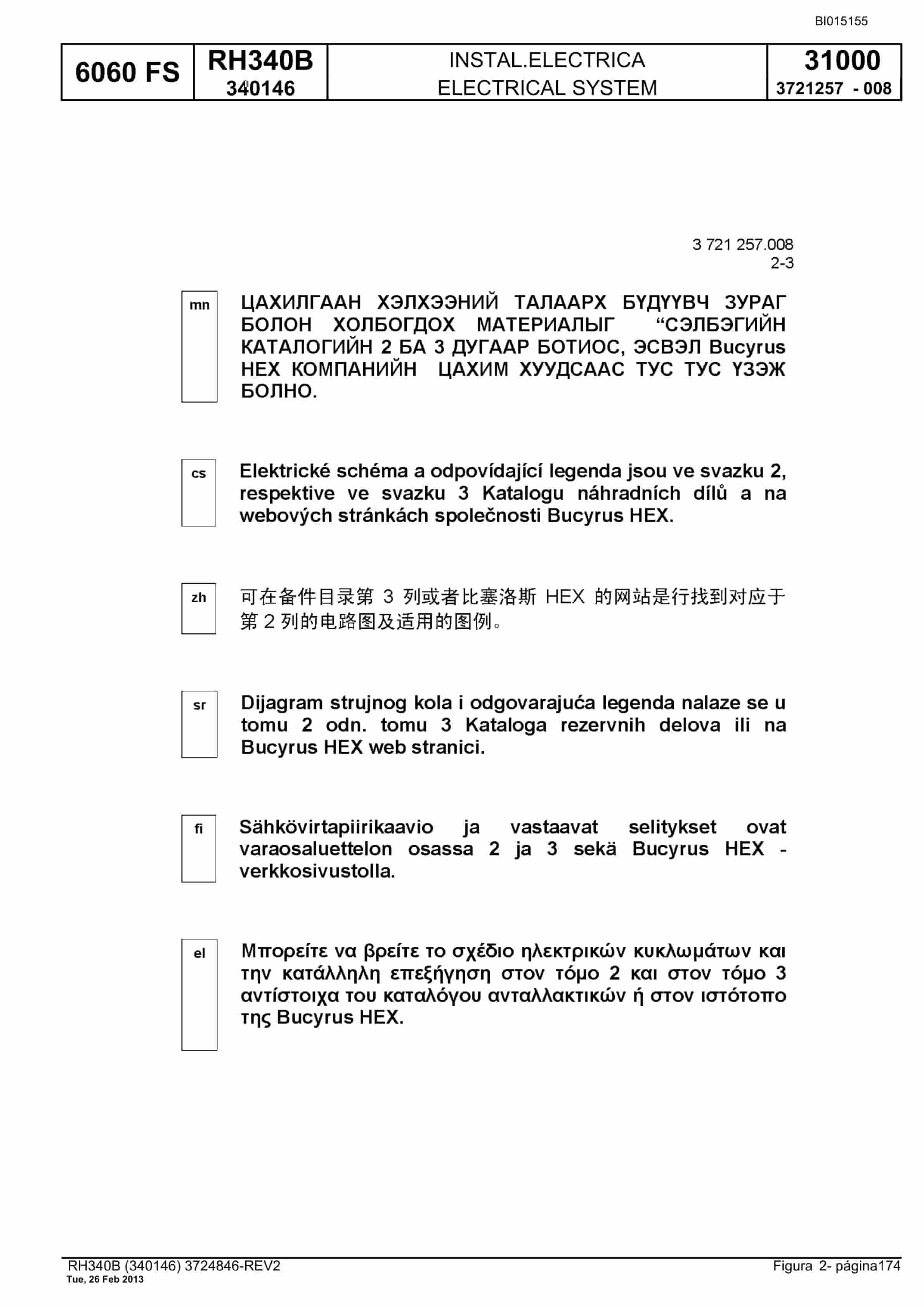 Bucyrus RH340B Hydraulic Excavator Parts Catalog BI015155-5