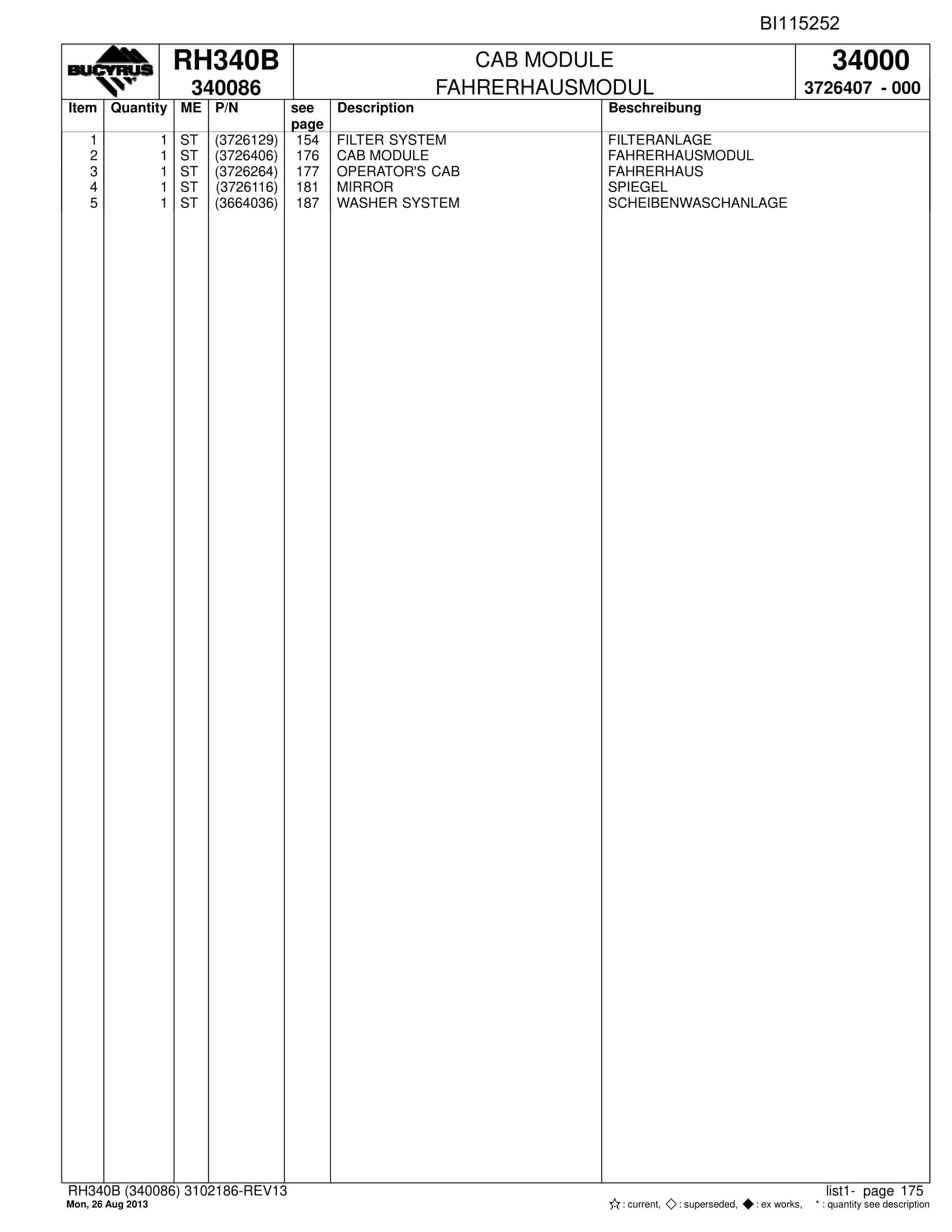Bucyrus RH340B Hydraulic Excavator Parts Catalog BI115252-5