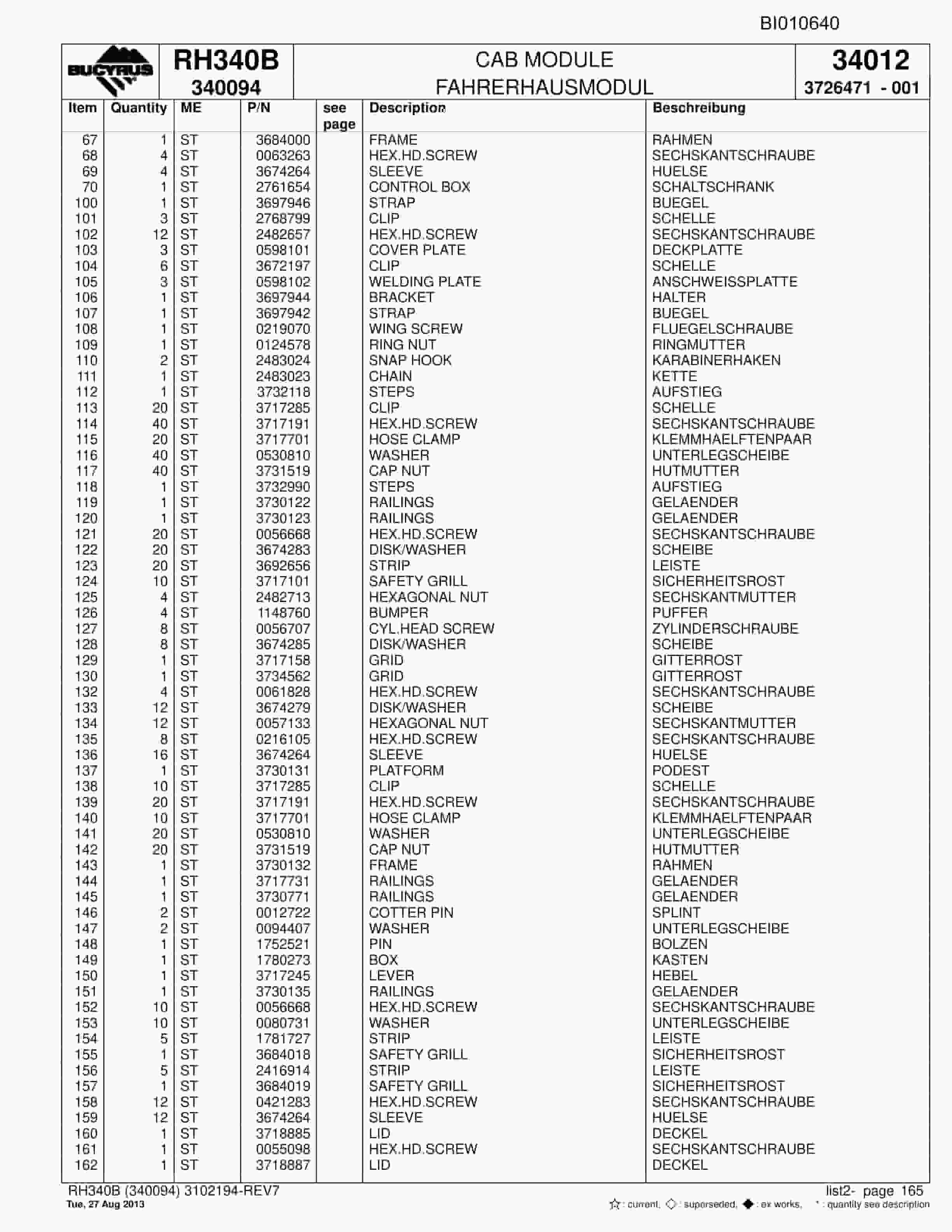 Bucyrus RH340B Parts Catalog BI010640-5