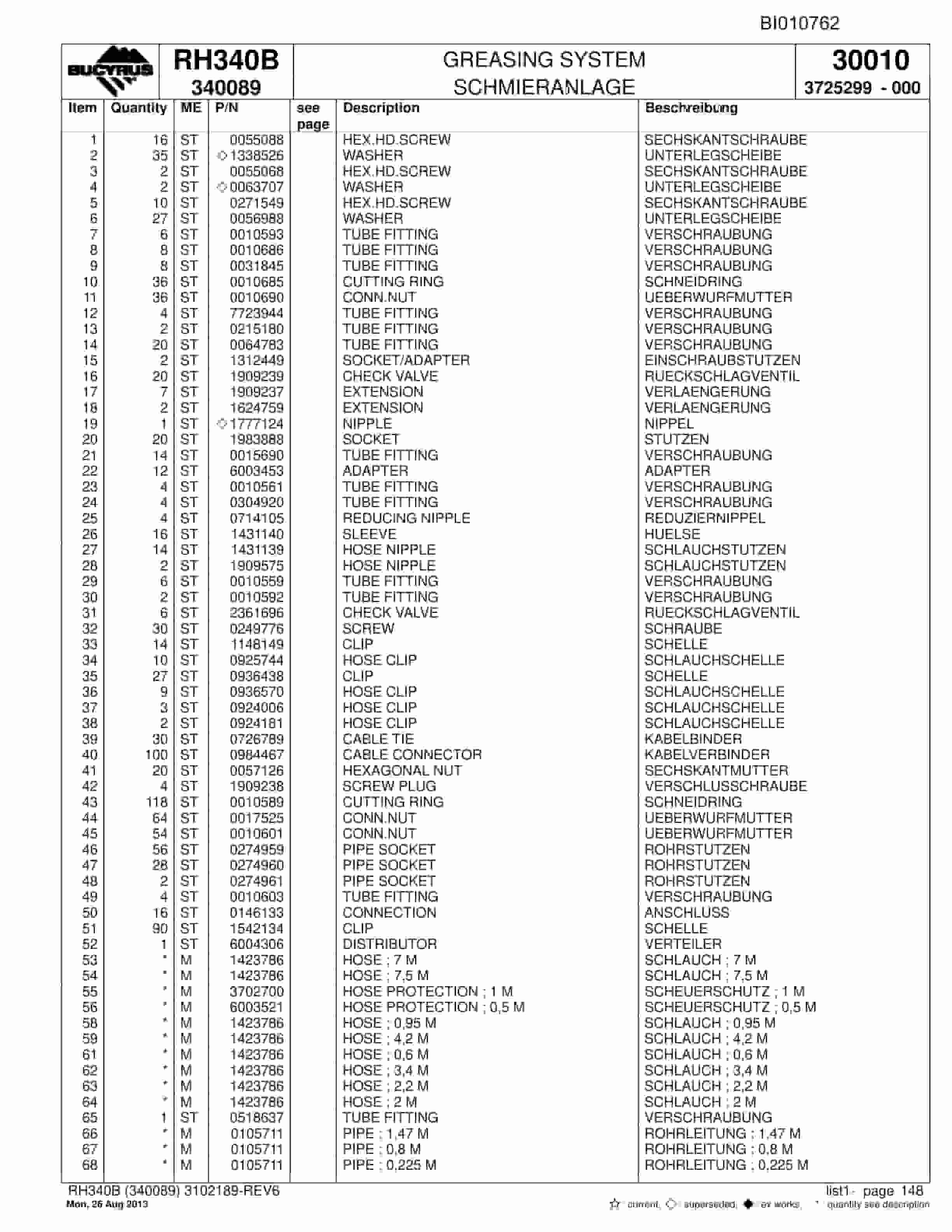 Bucyrus RH340B Parts Catalog BI010762-4