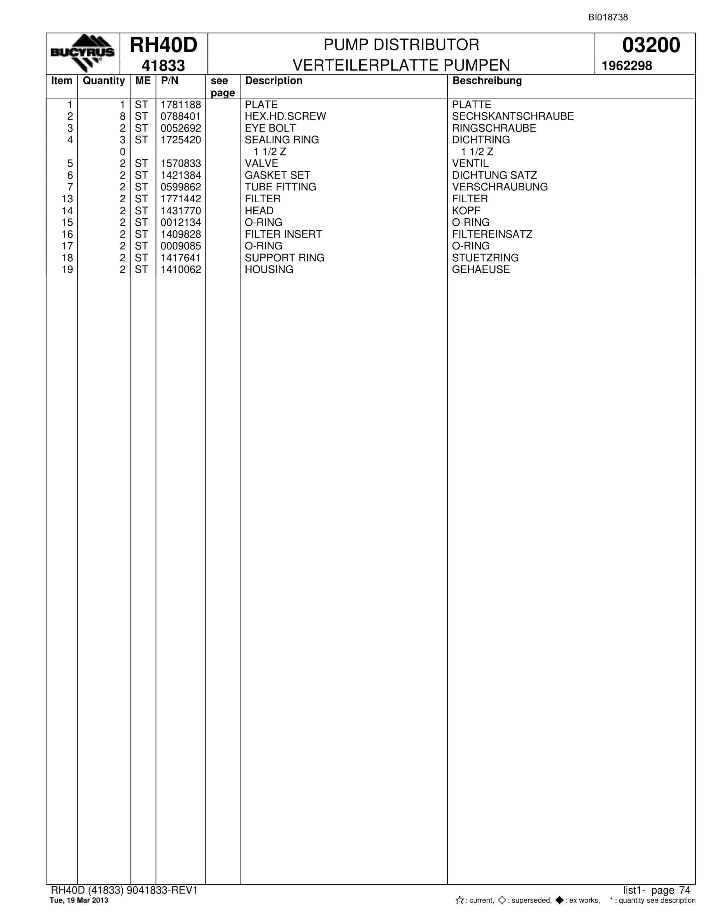 Bucyrus RH40D Hydraulic Excavator Parts Catalog BI018738-5