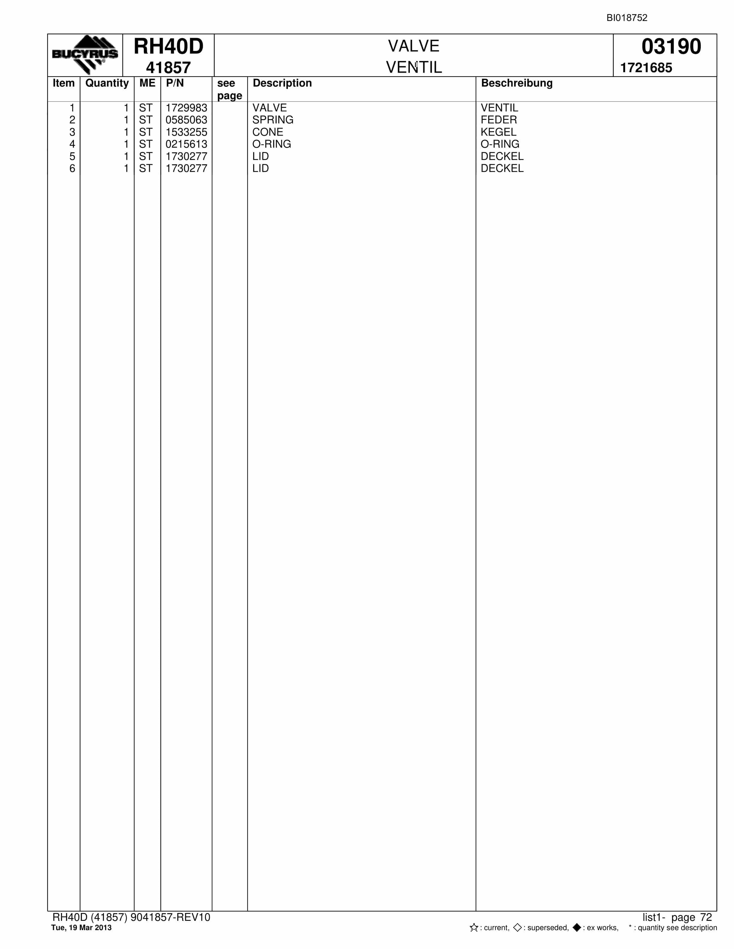 Bucyrus RH40D Hydraulic Excavator Parts Catalog BI018752-5