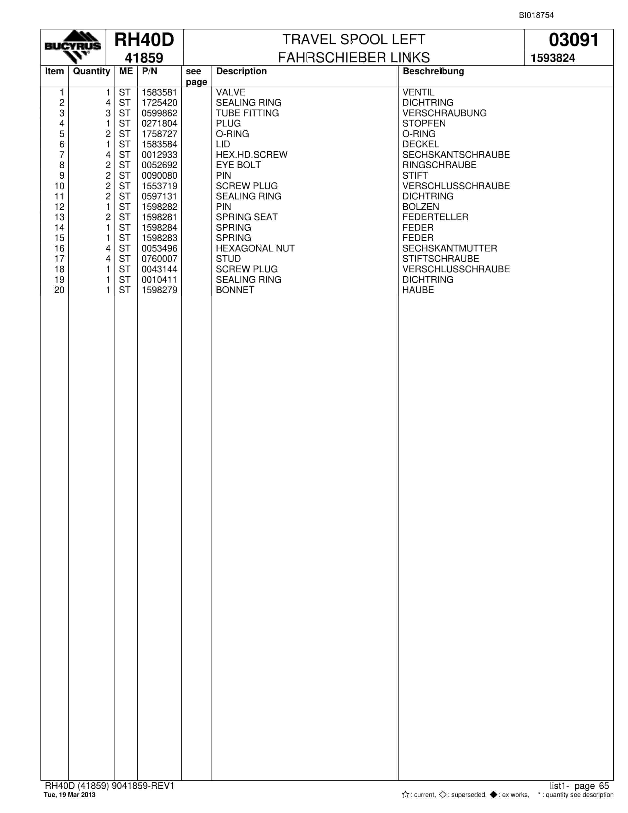Bucyrus RH40D Hydraulic Excavator Parts Catalog BI018754-3