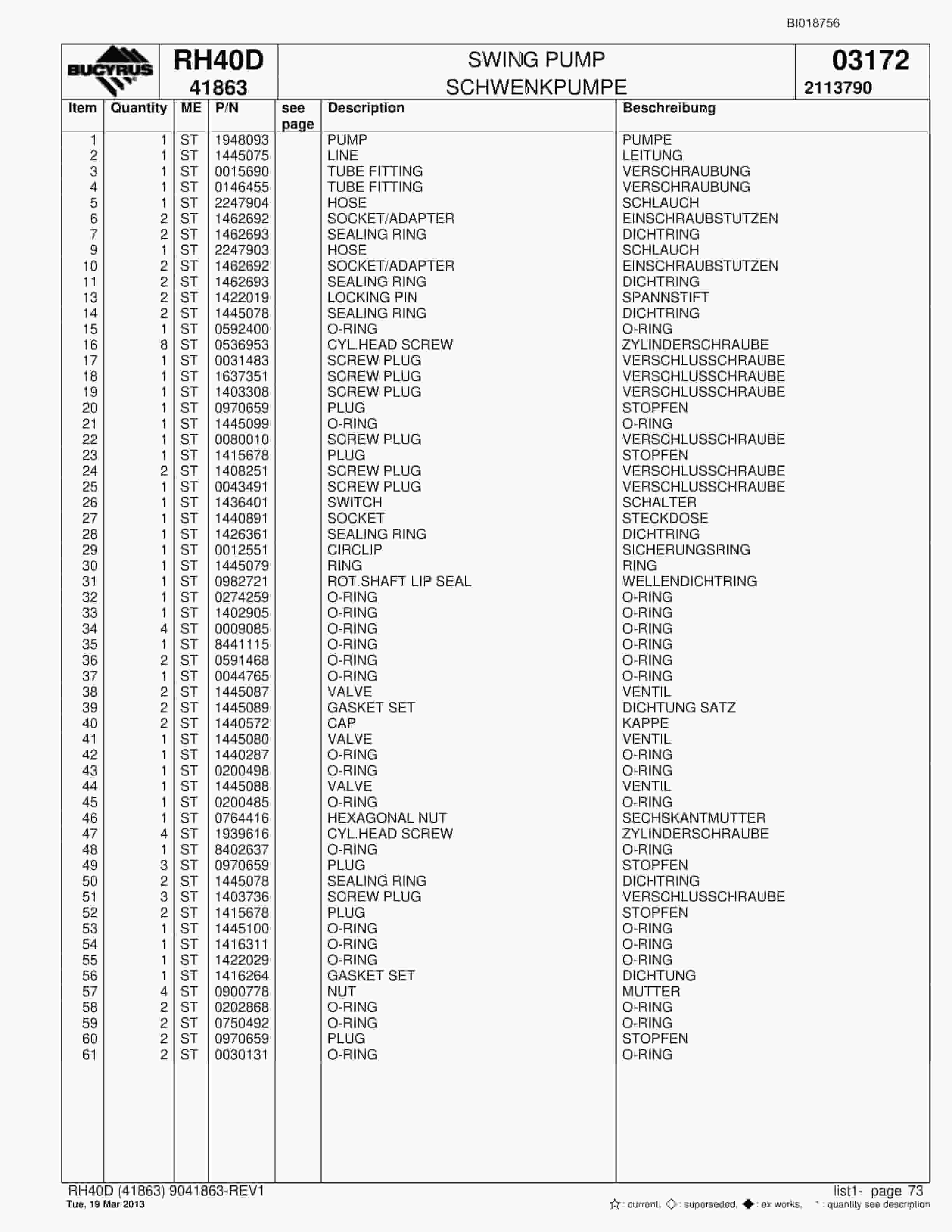 Bucyrus RH40D Hydraulic Excavator Parts Catalog BI018756-4