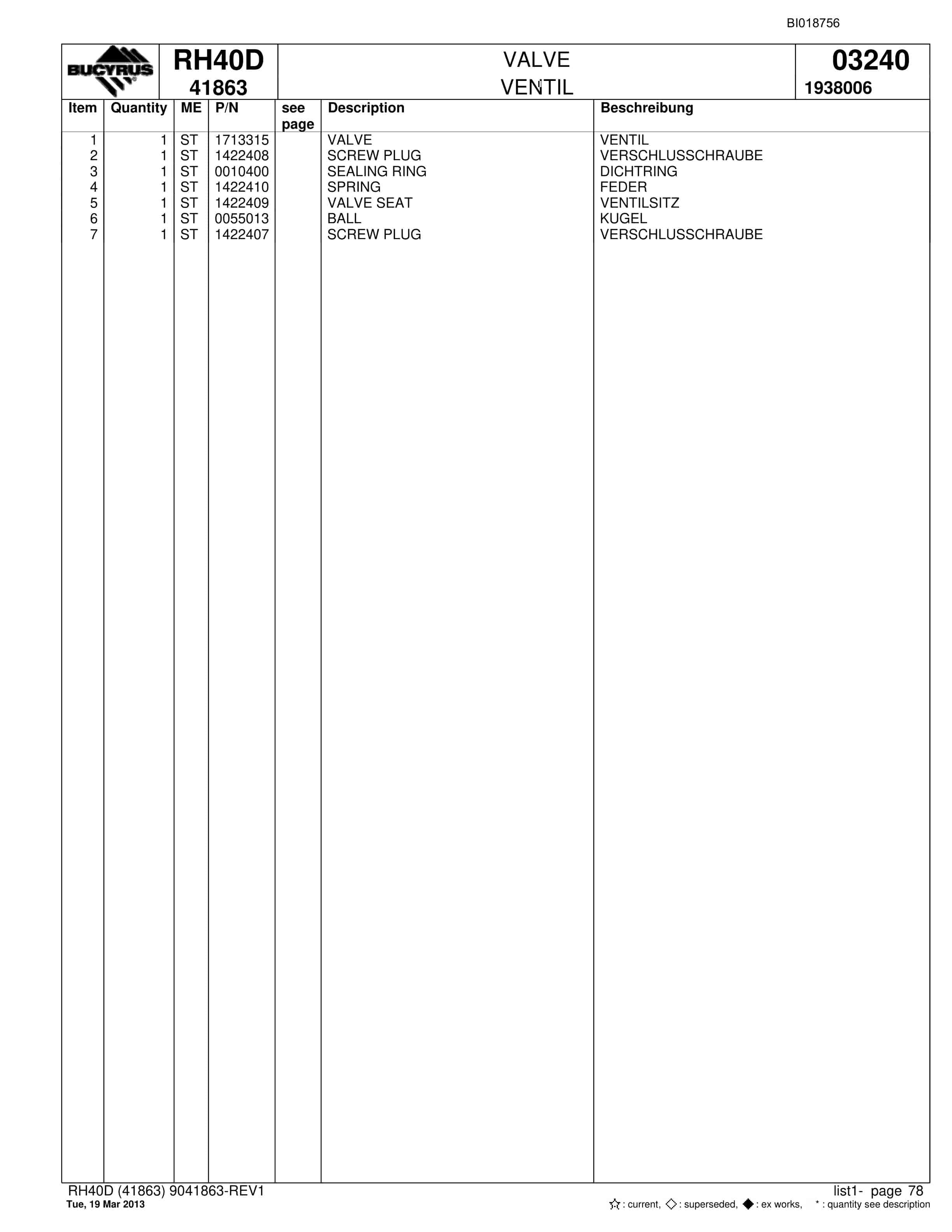 Bucyrus RH40D Hydraulic Excavator Parts Catalog BI018756-5