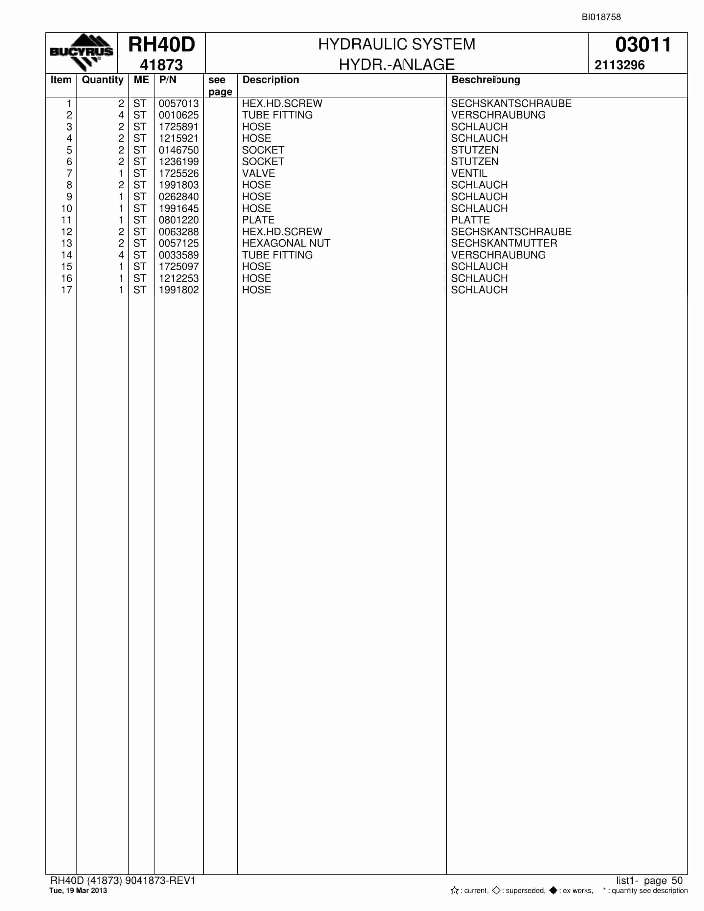 Bucyrus RH40D Hydraulic Excavator Parts Catalog BI018758-2