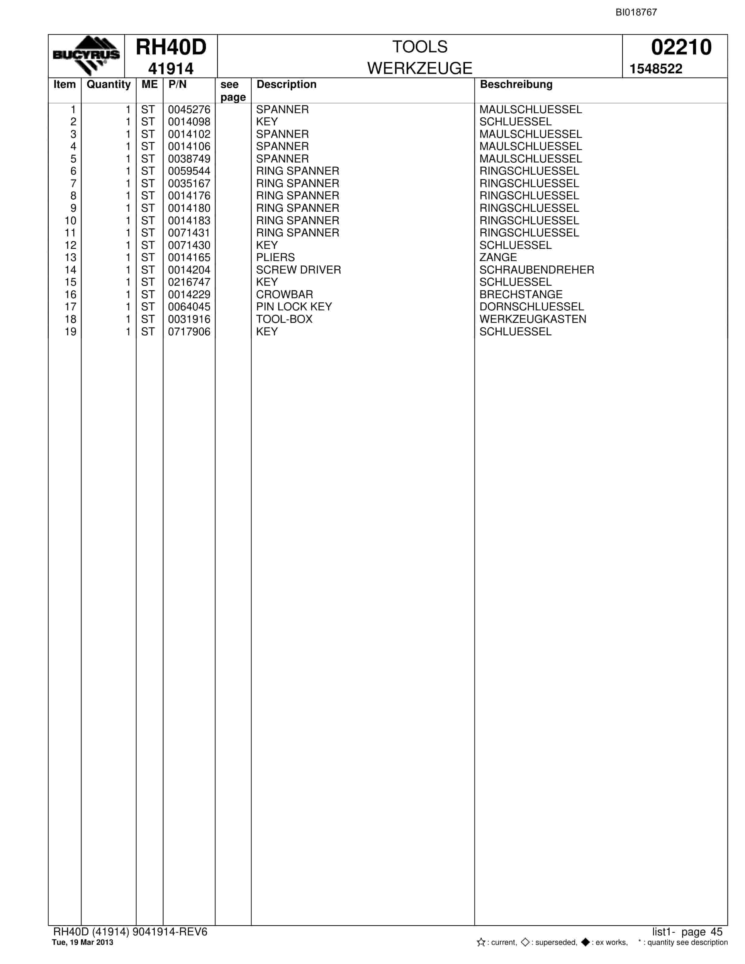 Bucyrus RH40D Hydraulic Excavator Parts Catalog BI018767-2