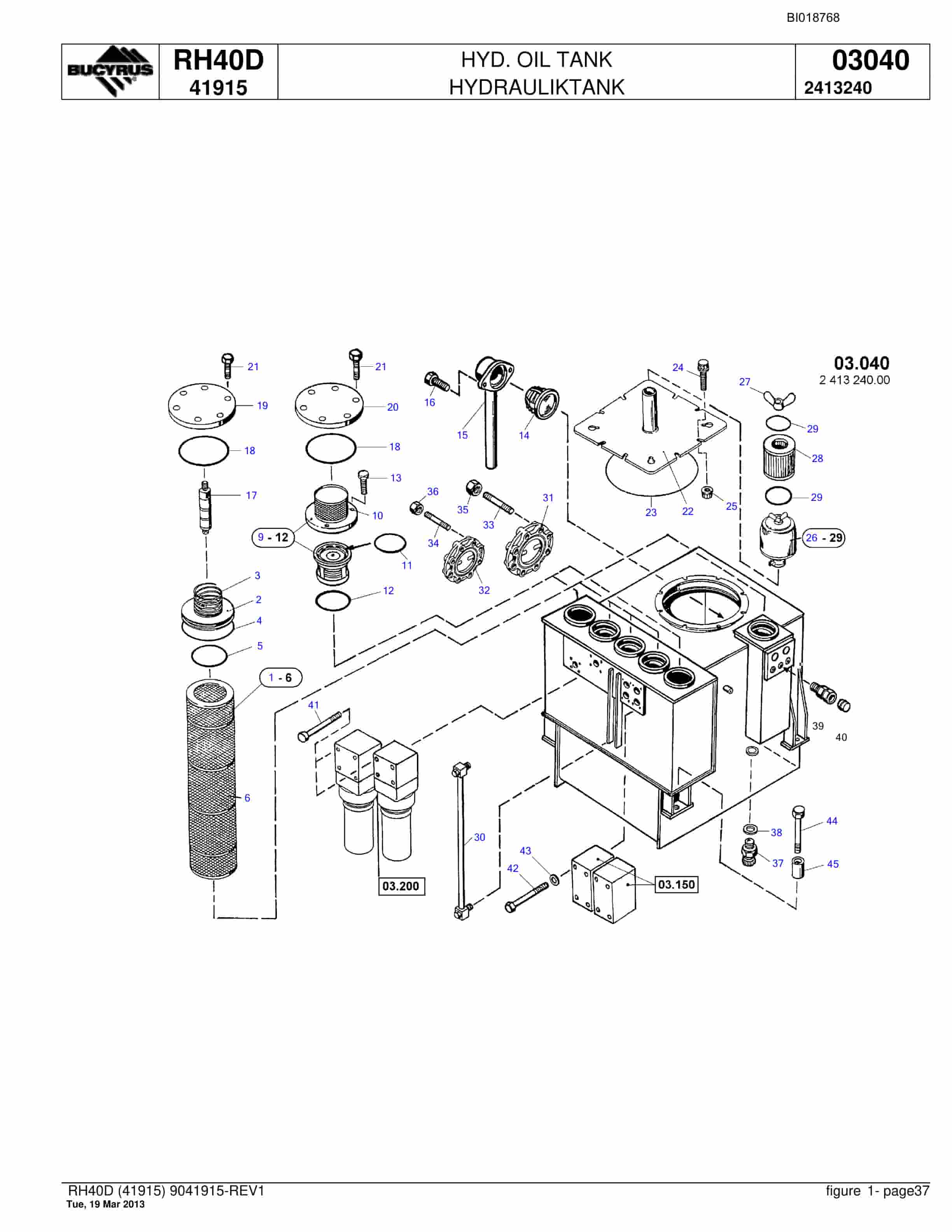 Bucyrus RH40D Hydraulic Excavator Parts Catalog BI018768-2