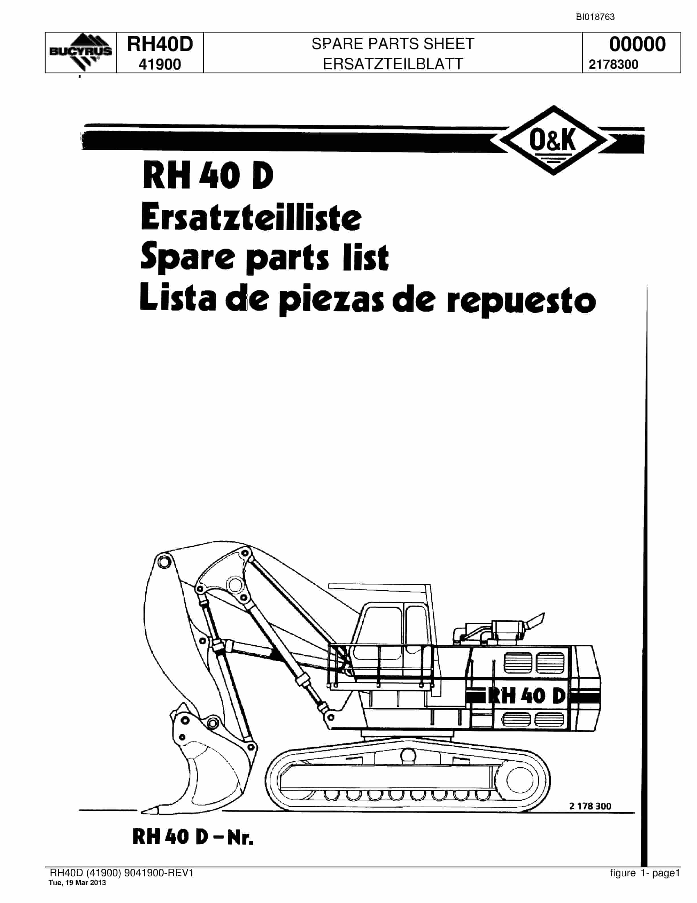 Bucyrus RH40D Hydraulic Excavator Spare Parts List BI018763