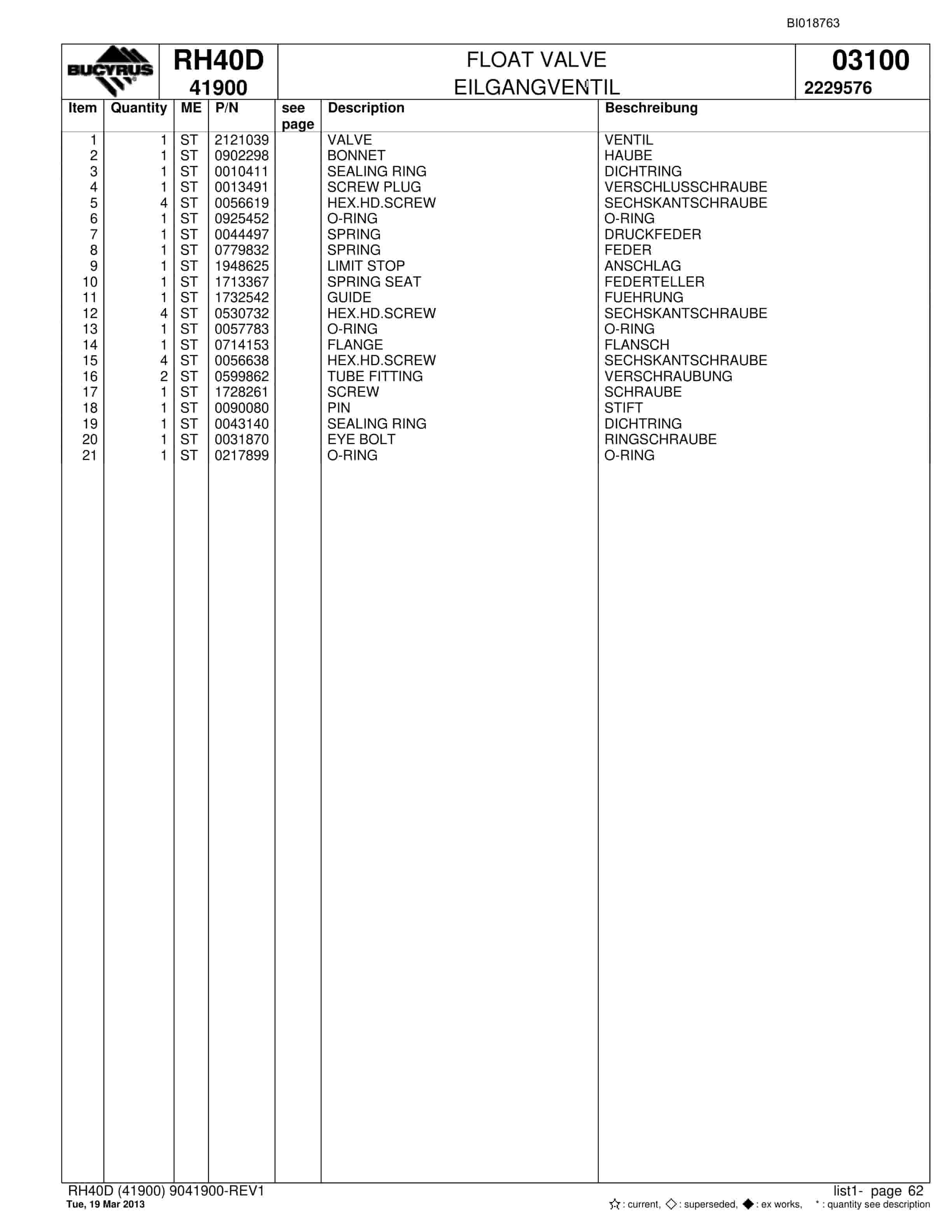 Bucyrus RH40D Hydraulic Excavator Spare Parts List BI018763-3