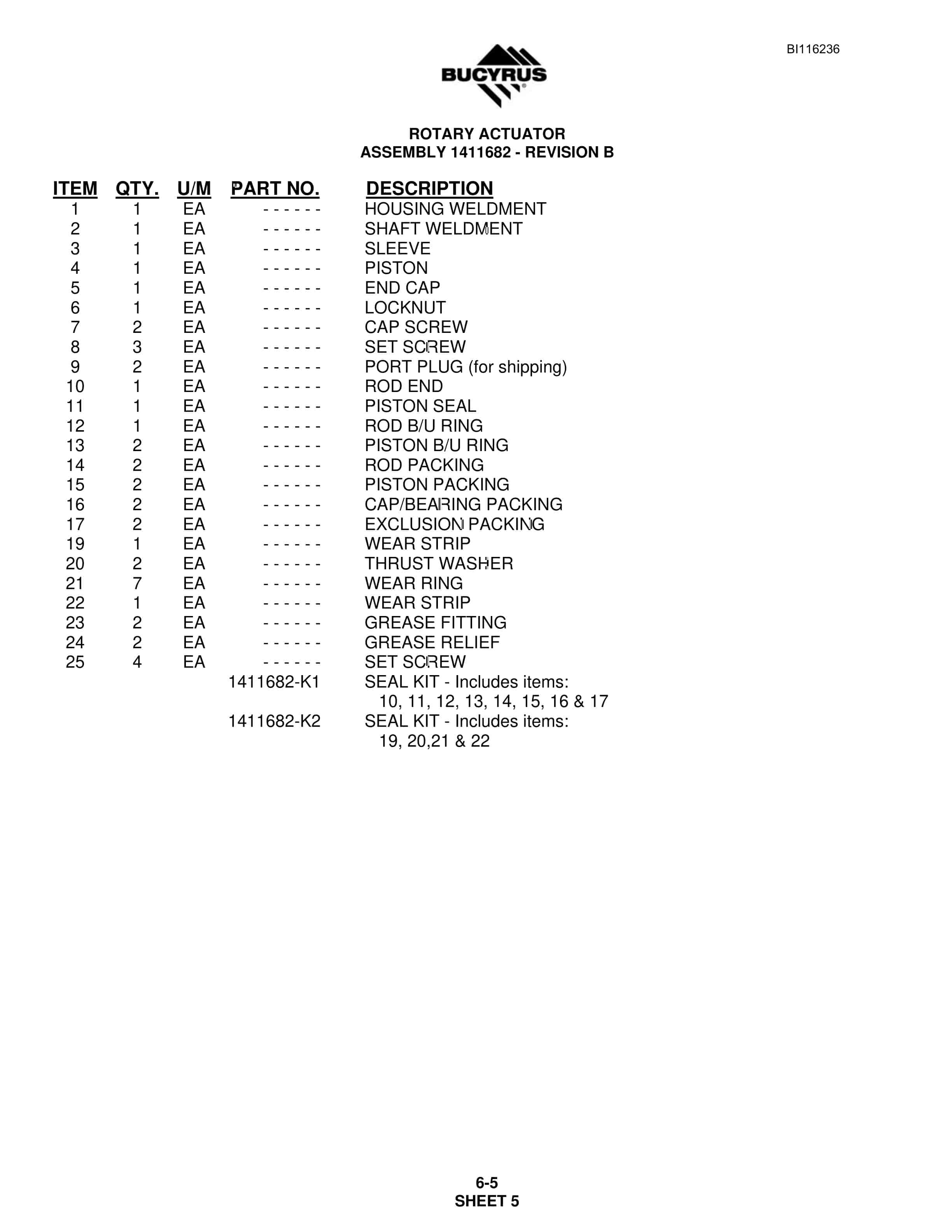 Bucyrus S06-3630-35 Parts Catalog BI116236-5