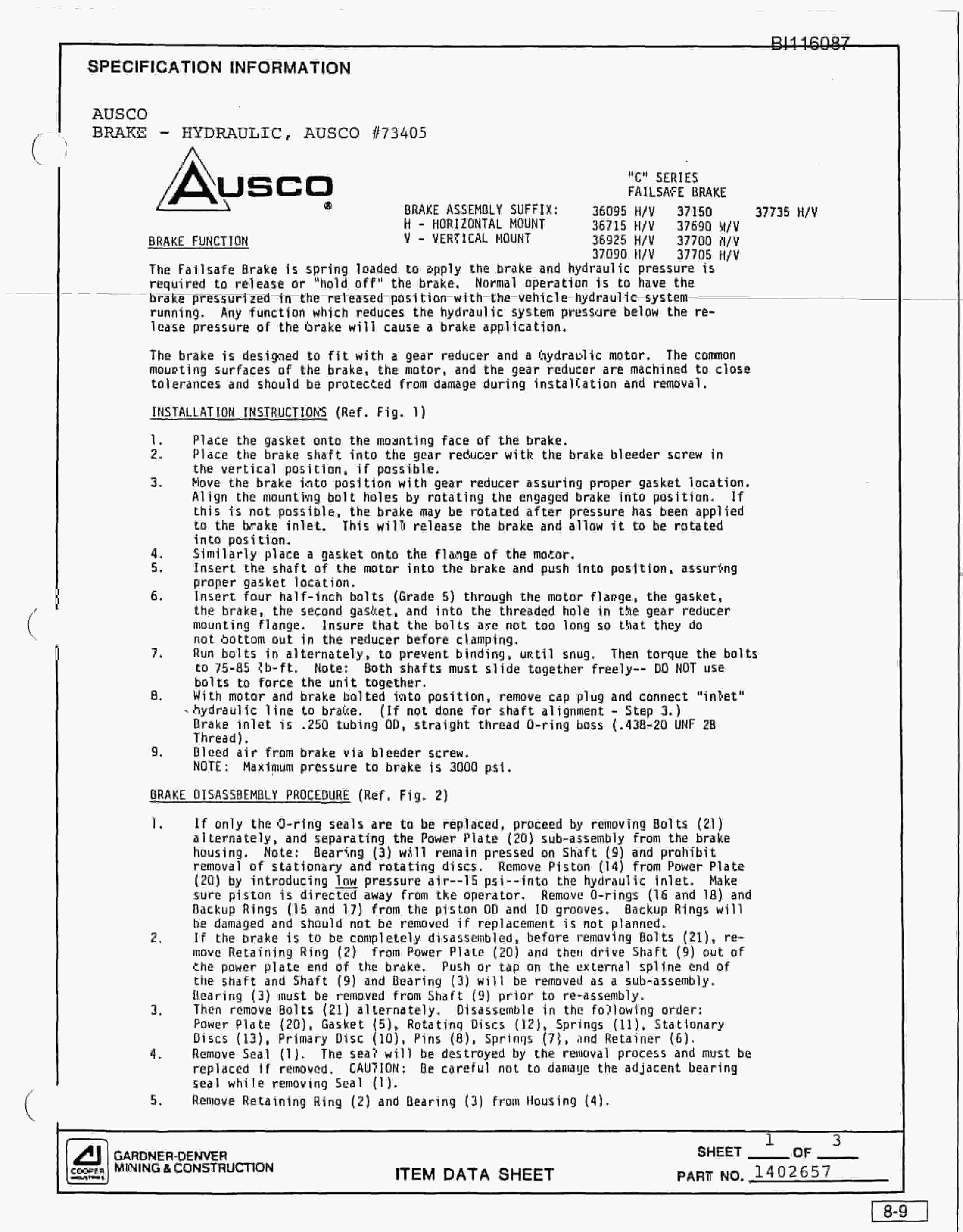 Bucyrus SCH2500 Hydra-Trac Self Contained Hydraulic Track Drill Technical Manual BI116087-3