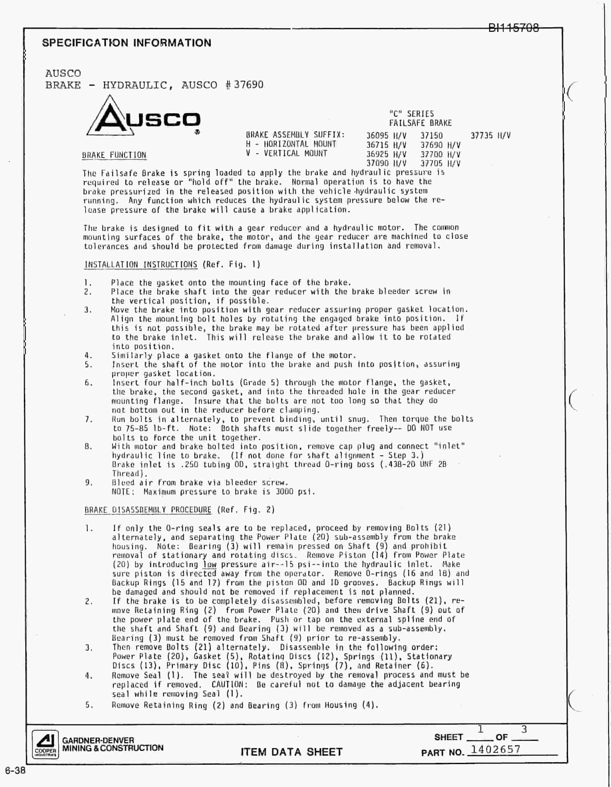 Bucyrus SCH3500BV Hydra-Trac All-Hydraulic Drilling Package Parts Catalog BI115708-4