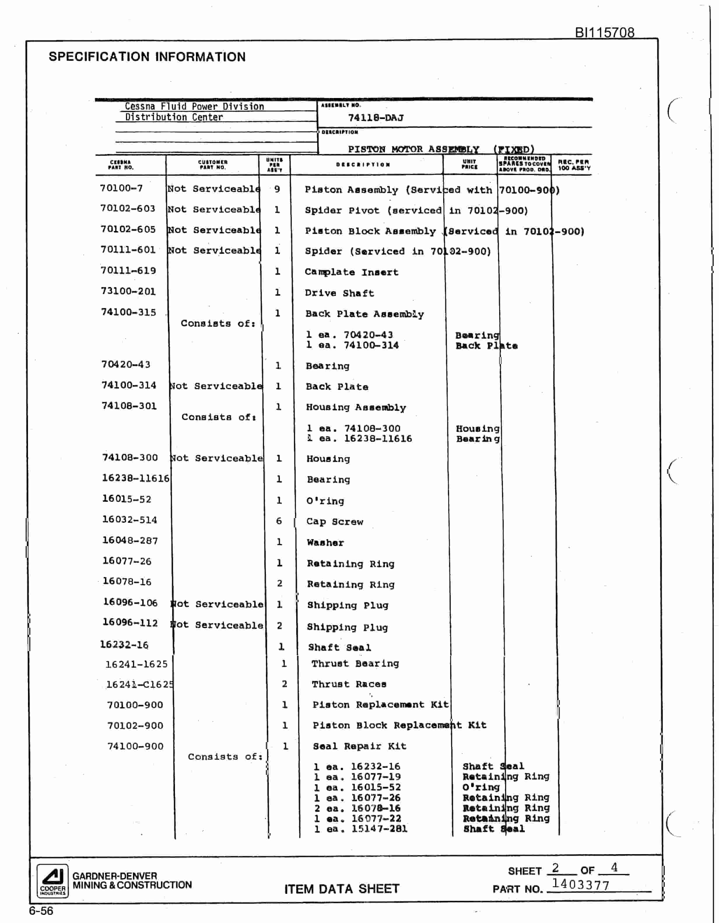 Bucyrus SCH3500BV Hydra-Trac All-Hydraulic Drilling Package Parts Catalog BI115708-5