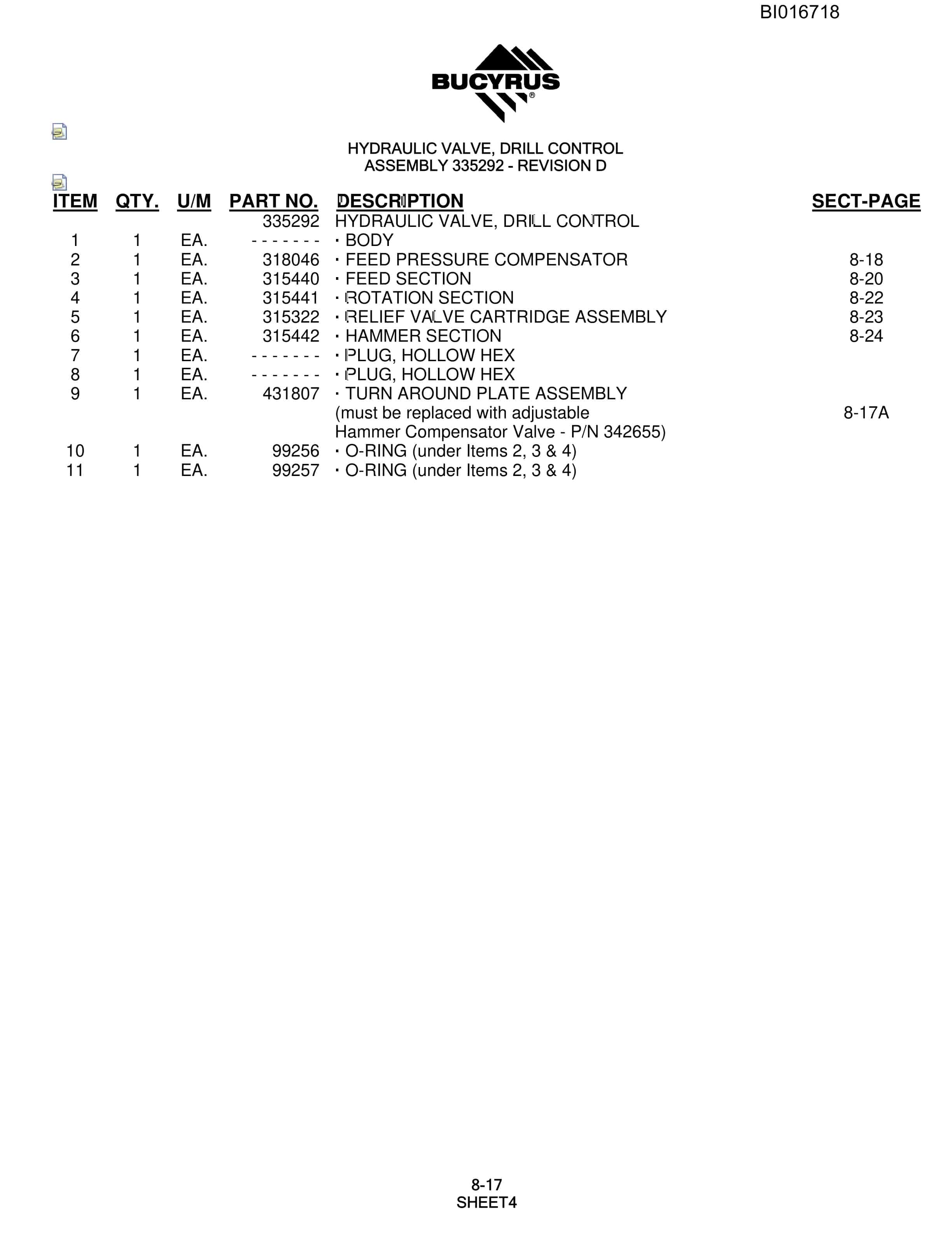 Bucyrus SCH5000 Hydraulic Track Drill Parts Manual BI016718-3