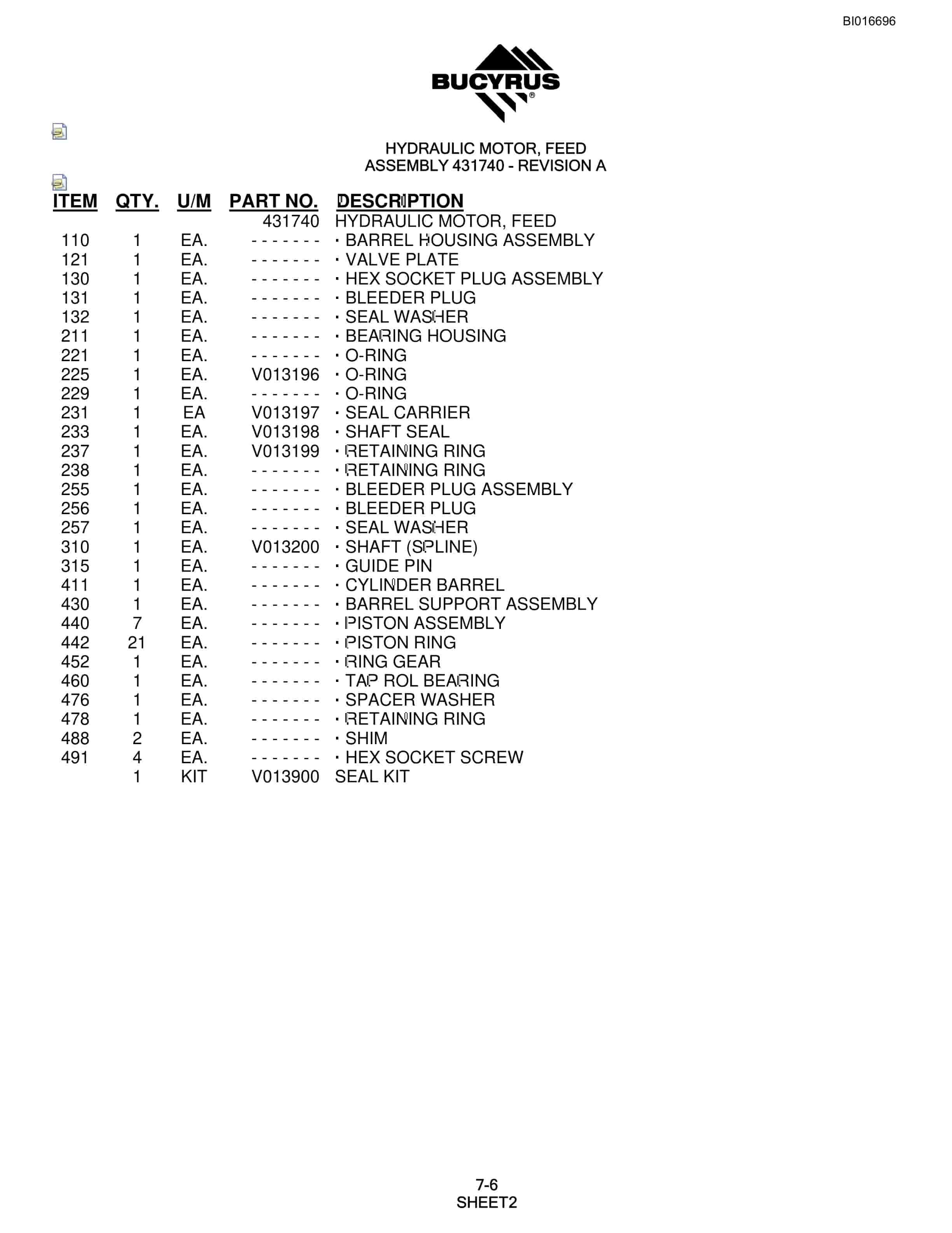 Bucyrus SCH5000CL Hydraulic Track Drill Parts Manual BI016696-2