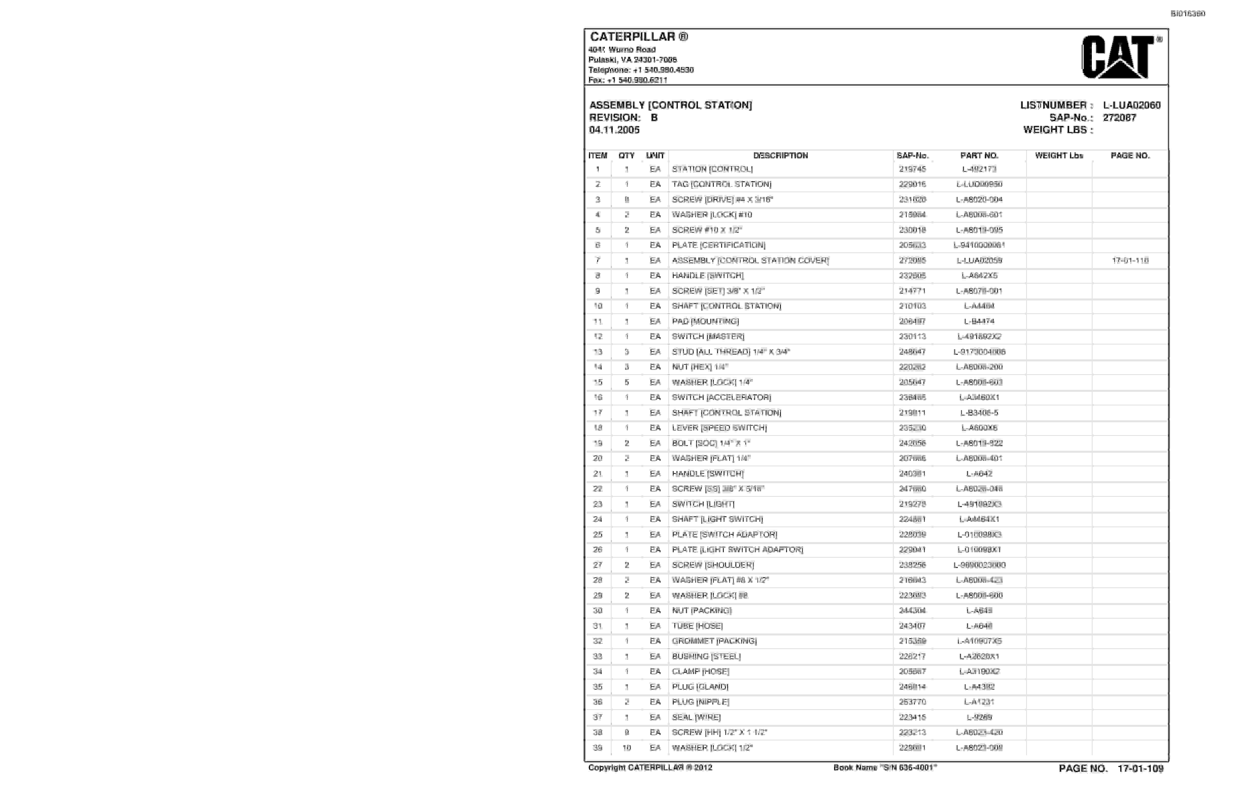 Bucyrus SH630 Roof Support Carrier Parts Catalog BI016360-2