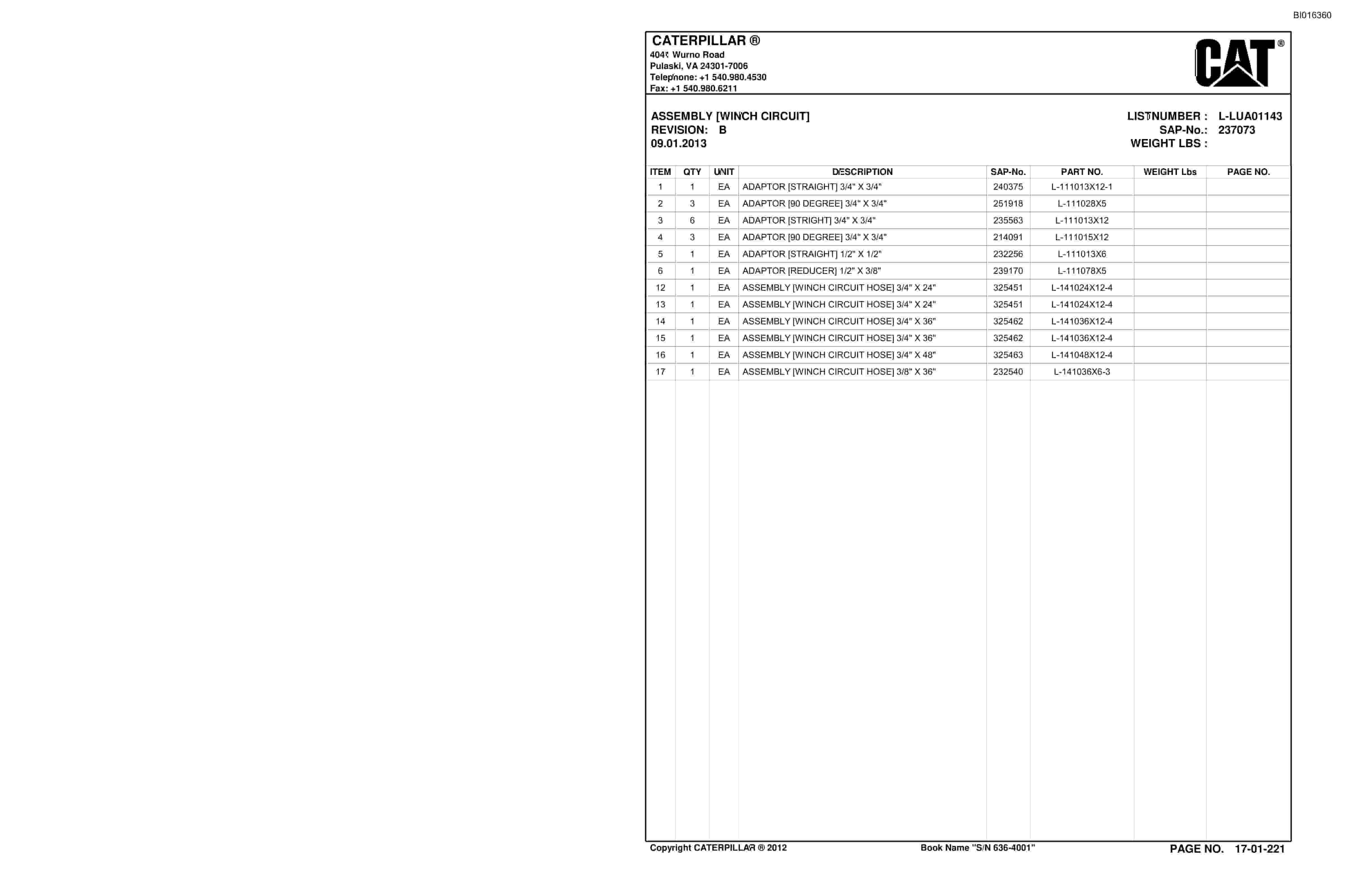 Bucyrus SH630 Roof Support Carrier Parts Catalog BI016360-5