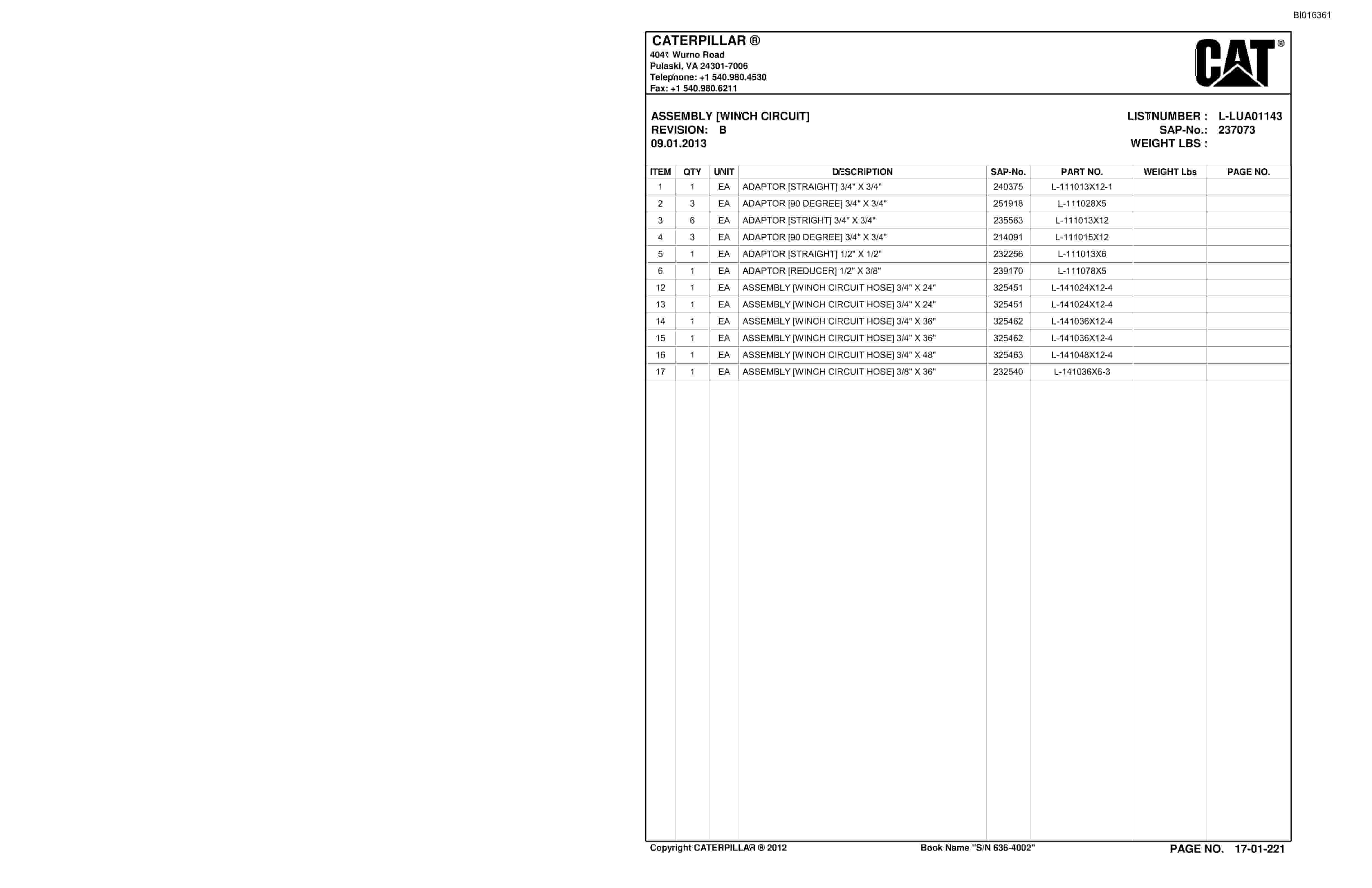 Bucyrus SH630 Roof Support Carrier Parts Catalog BI016361-5