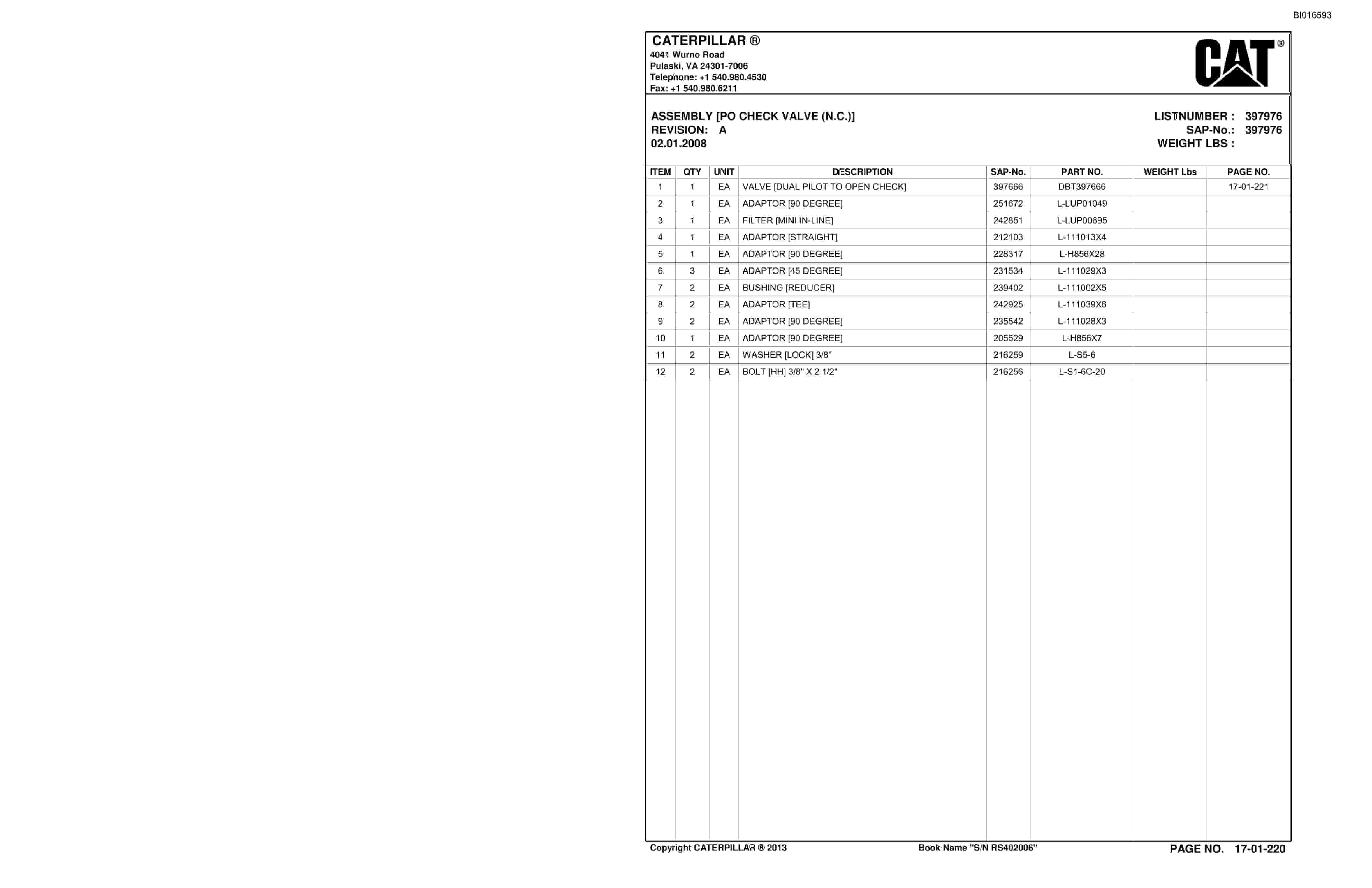 Bucyrus SH650 Roof Support Carrier Parts Catalog BI016593-3
