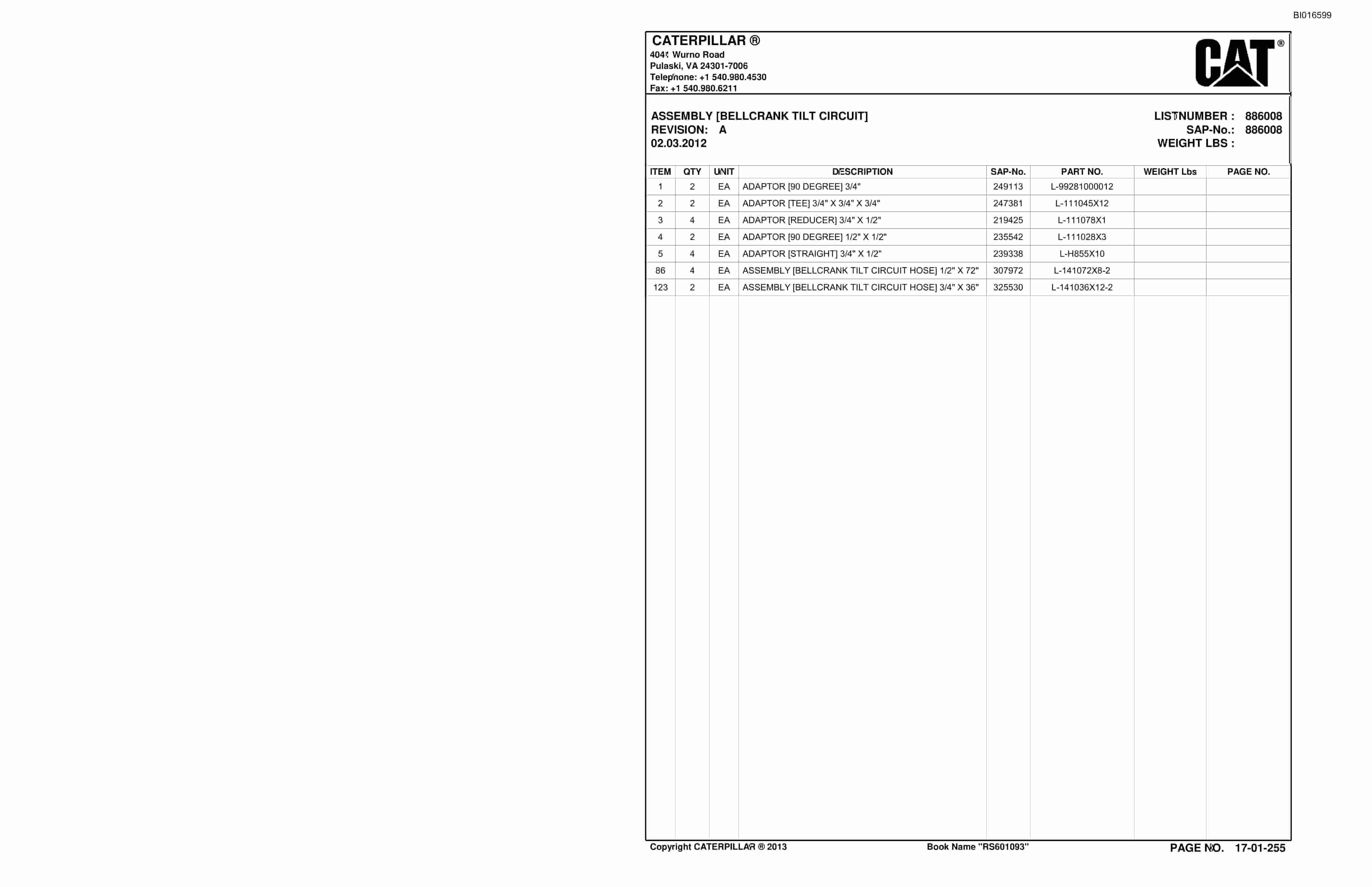 Bucyrus SH650 Roof Support Carrier Parts Catalog BI016599-3