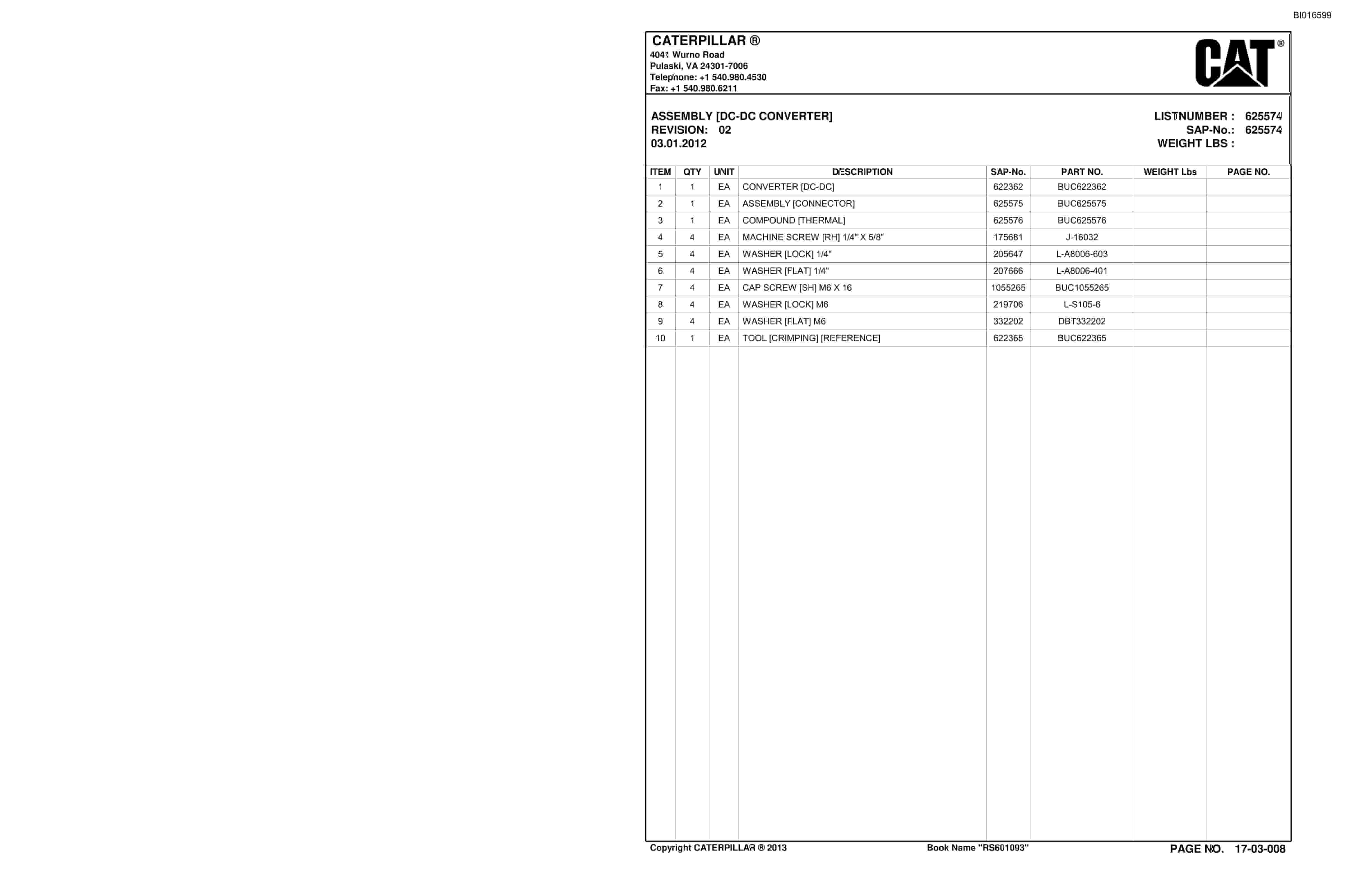 Bucyrus SH650 Roof Support Carrier Parts Catalog BI016599-5
