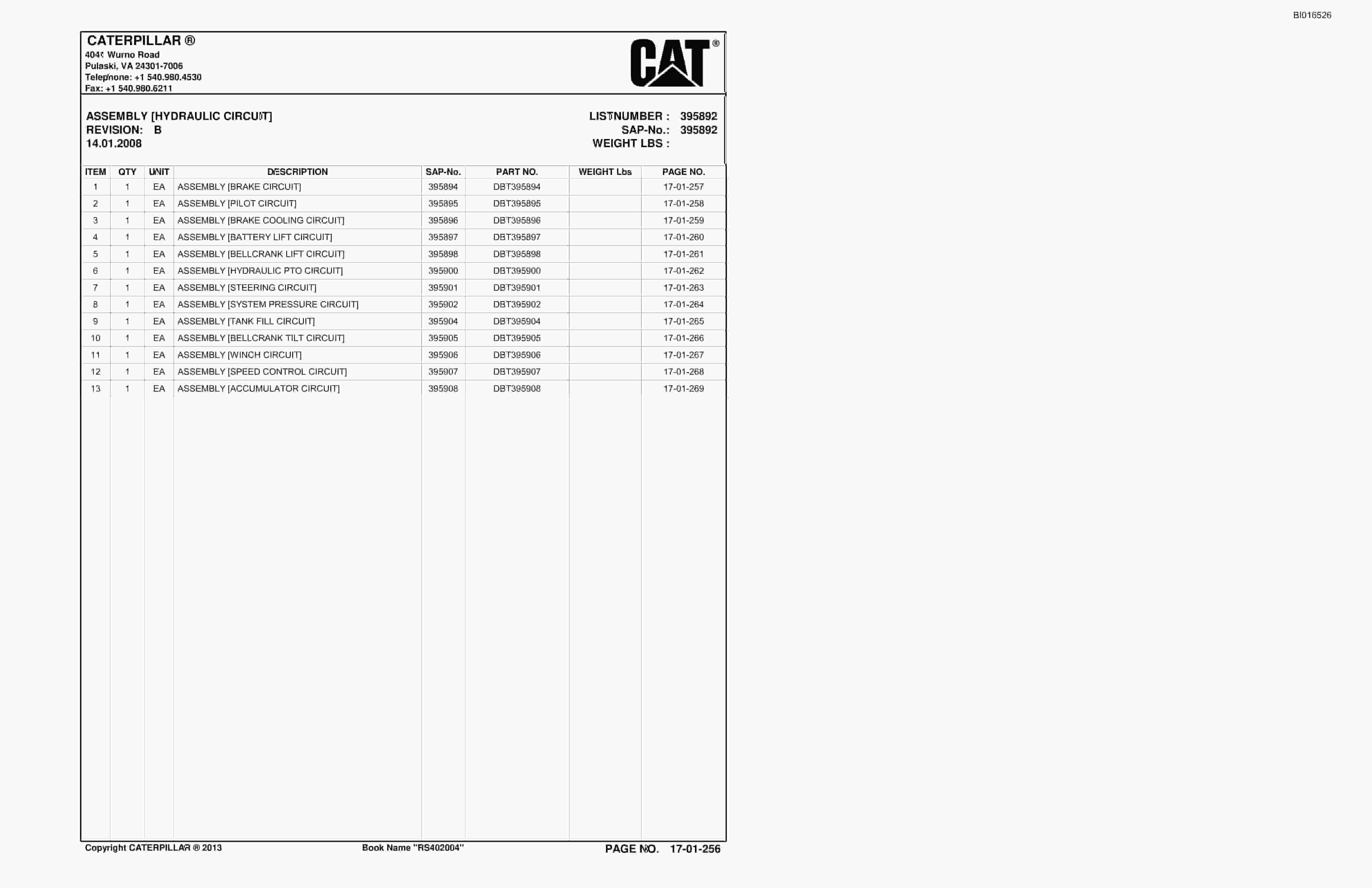 Bucyrus SH650 VHD Roof Support Carrier Parts Catalog BI016526-5