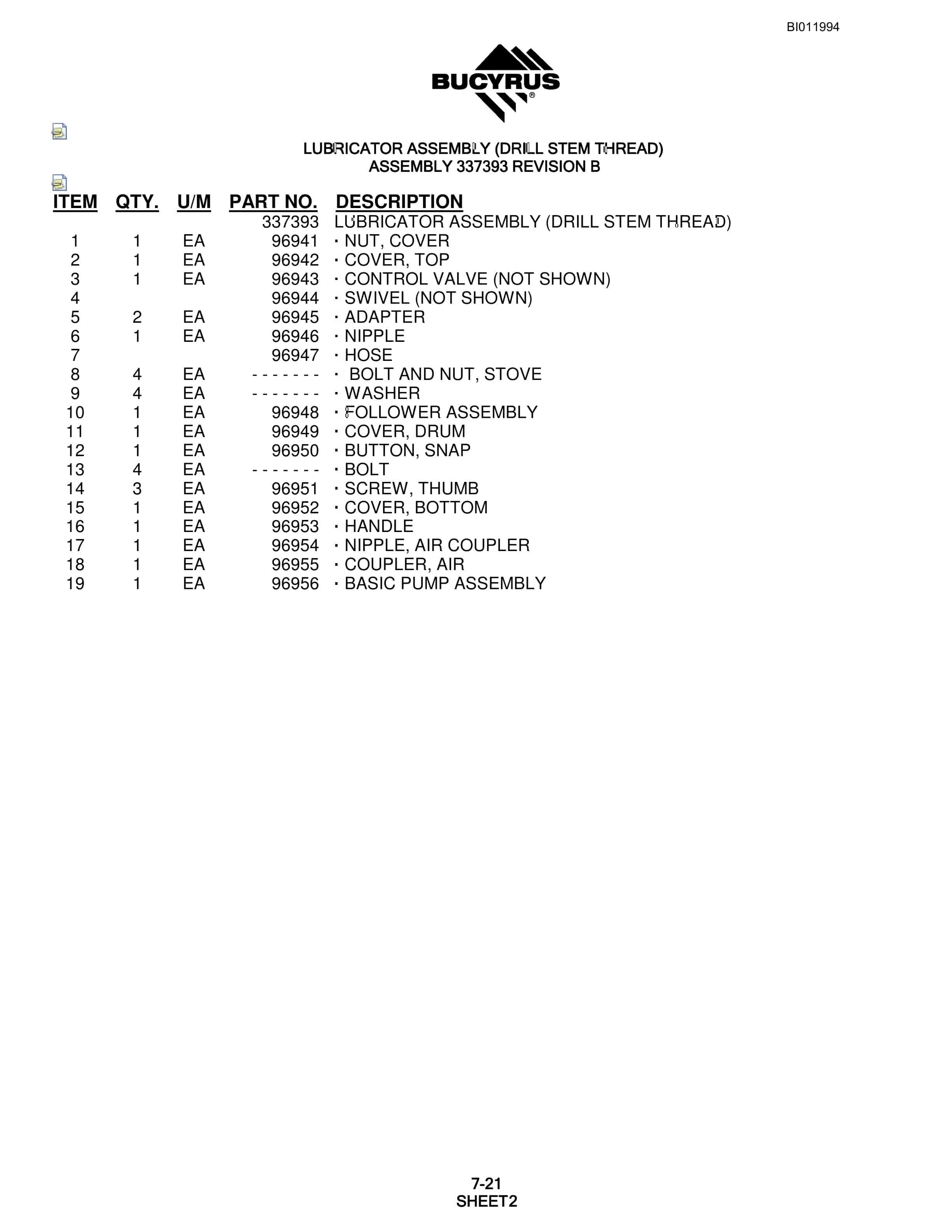Bucyrus SKF Rotary Blasthole Drill Parts Manual BI011994-5