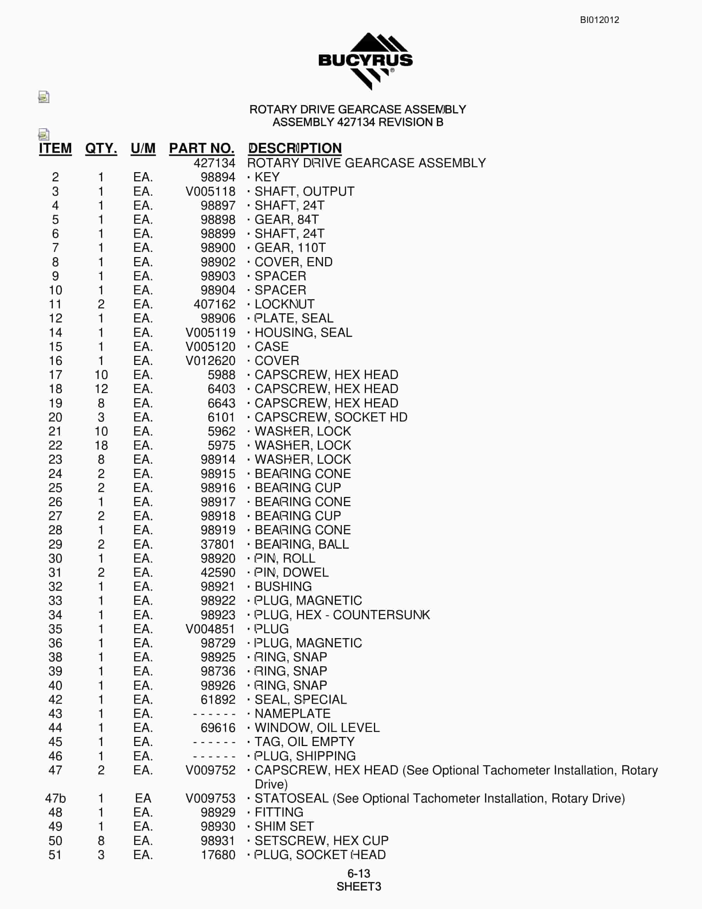 Bucyrus SKF Rotary Blasthole Drill Parts Manual BI012012-3