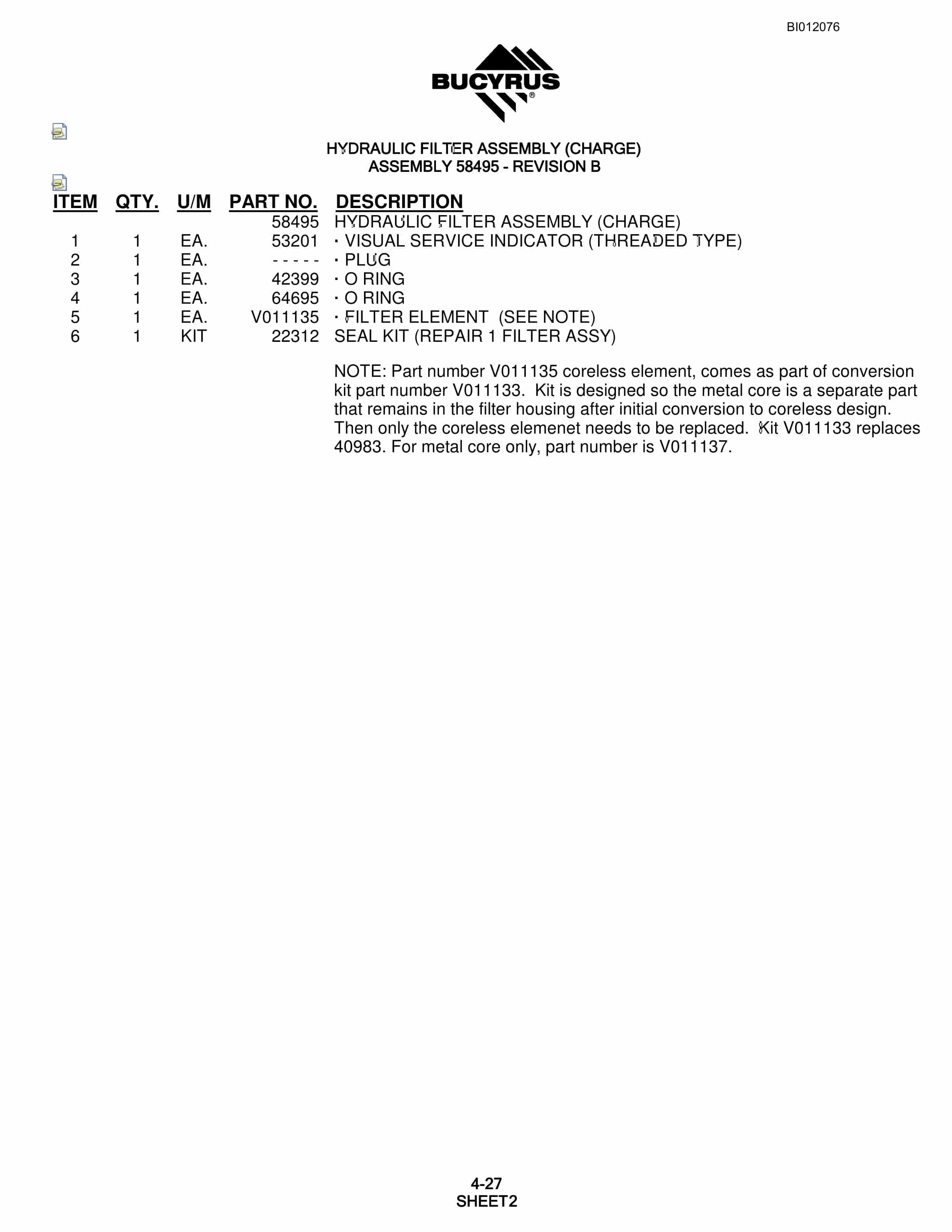 Bucyrus SKF Rotary Blasthole Drill Parts Manual BI012076-2